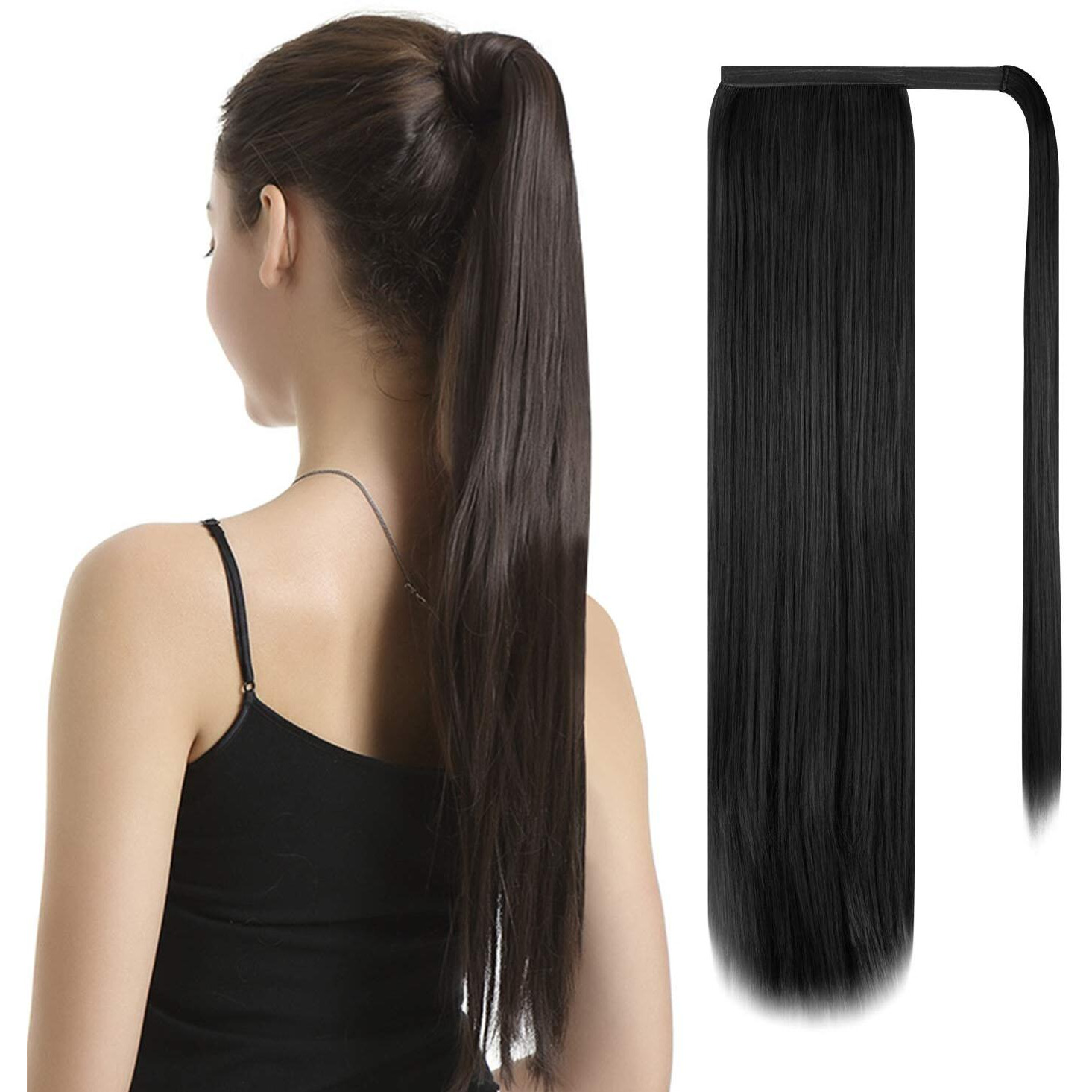 Barsdar Straight Ponytail Extension - 30 Inch Long Straight Wrap Around Ponytail For Women Clip In Ponytail Hair Extensions Synthetic Black Hair Pony Tails Hairpieces Daily - Black