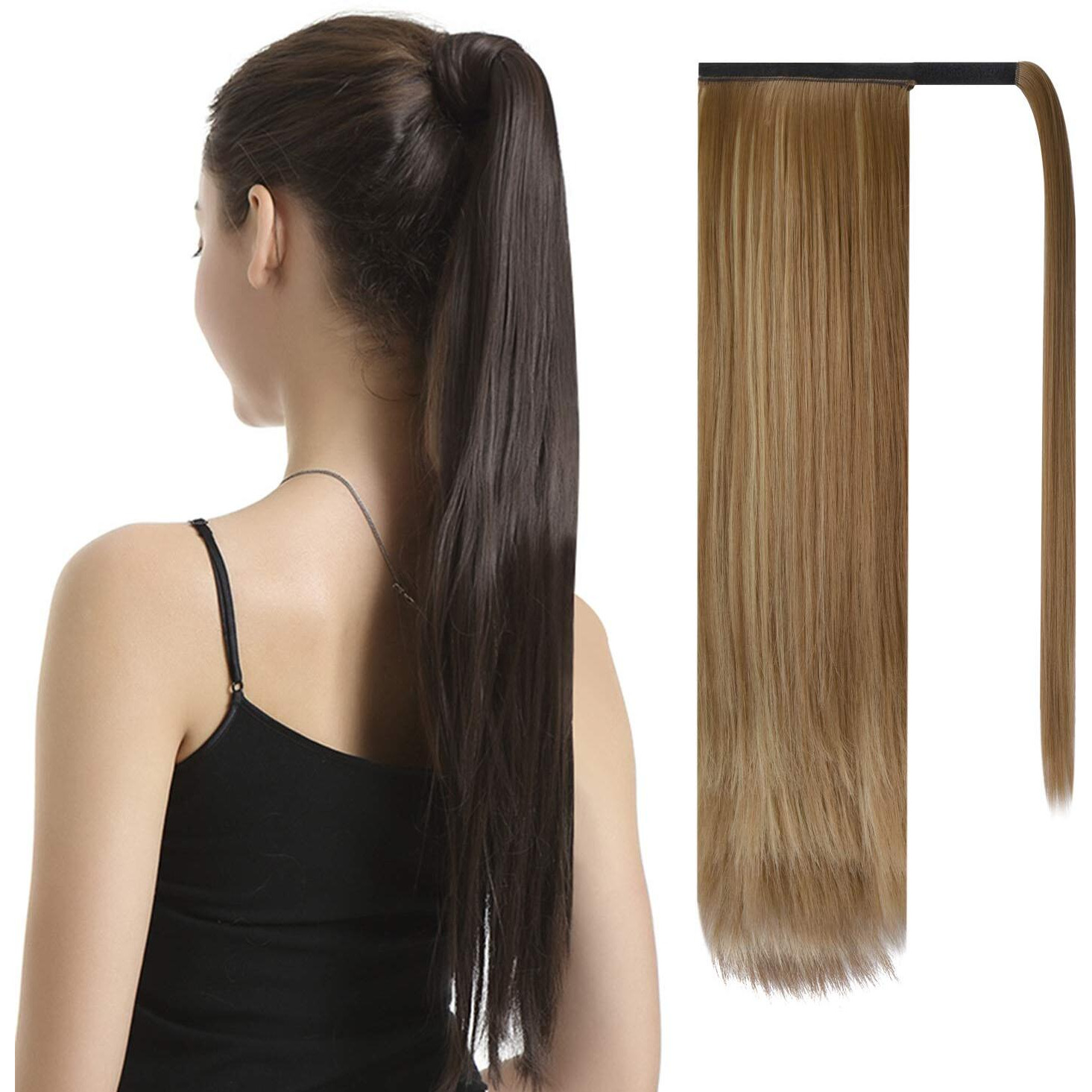 Barsdar Straight Ponytail Extension - 30 Inch Long Straight Wrap Around Ponytail For Women Clip In Ponytail Hair Extensions Synthetic Highlight Hair Pony Tails Hairpieces Daily - Brown & Blonde