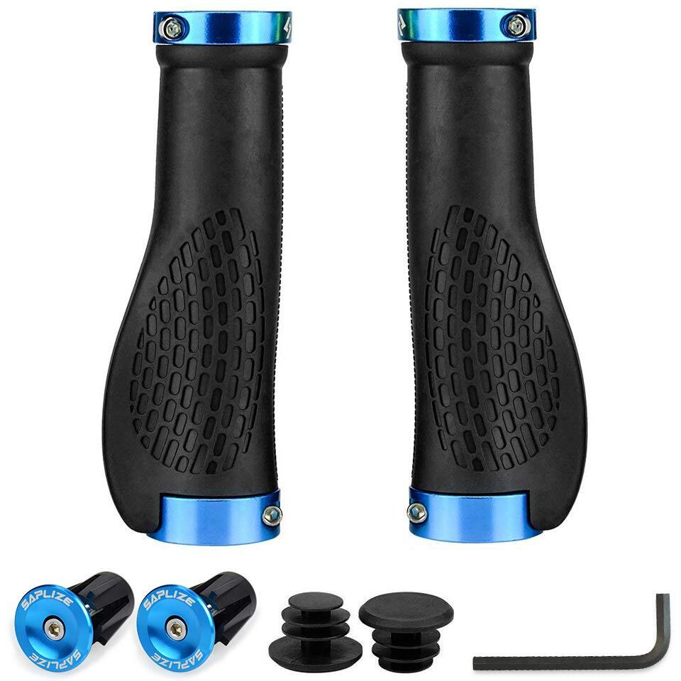 Saplize Bike Handlebar Grips, Ergonomic Design, Pr11 (Black, Blue Rings, With Aluminium End Caps)