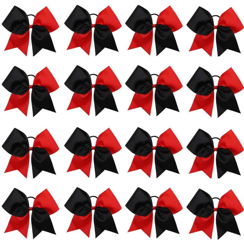 16Pcs 8 Large Cheer Hair Bows Ponytail Holder Elastic Band Handmade For Cheerleading Teen Girls College Sports (16 Pcs) (Redblack)