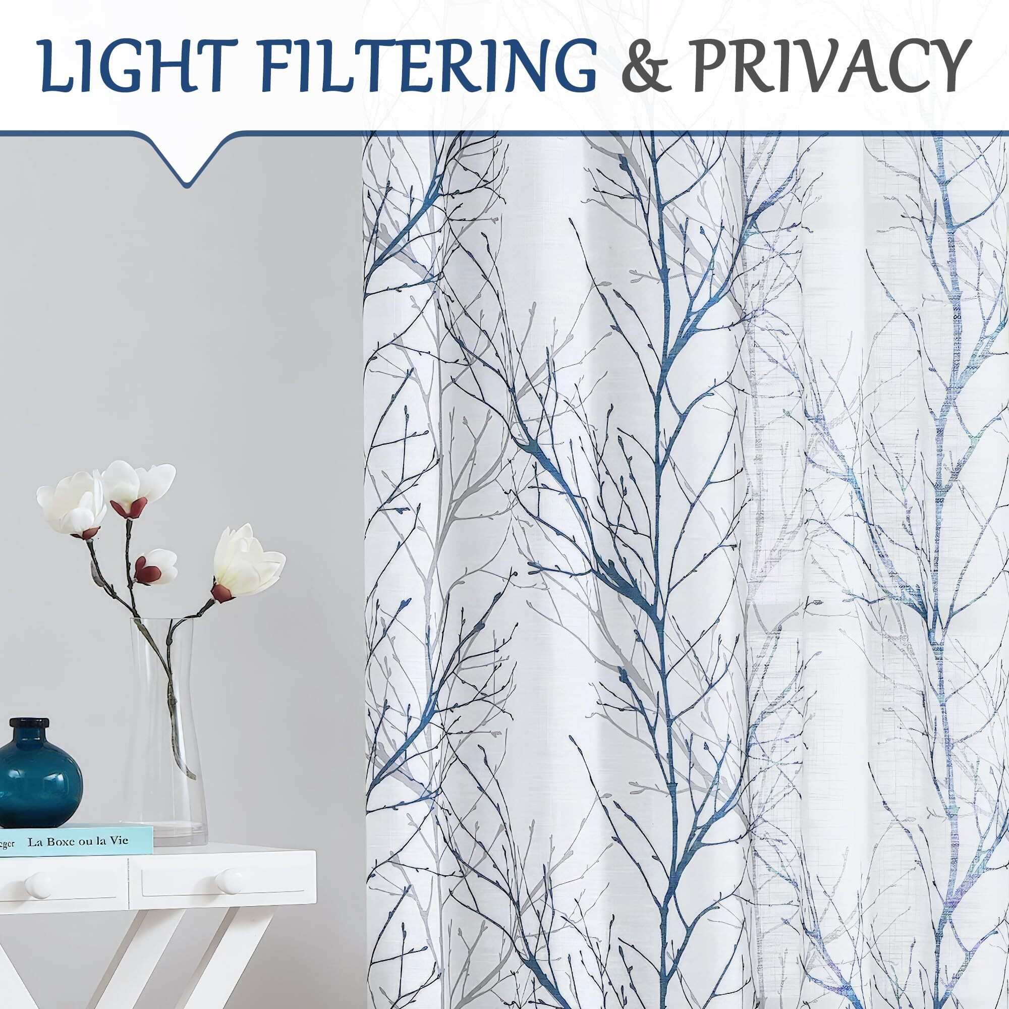 Fmfunctex Linen Semi Sheer Curtains For Bedroom, Blue White Curtains 54 Inches Long For Living Room, Grey Tree Branch Patterned Curtain Light Filtering Kitchen Window Drapes, Grommet Top 2 Panels