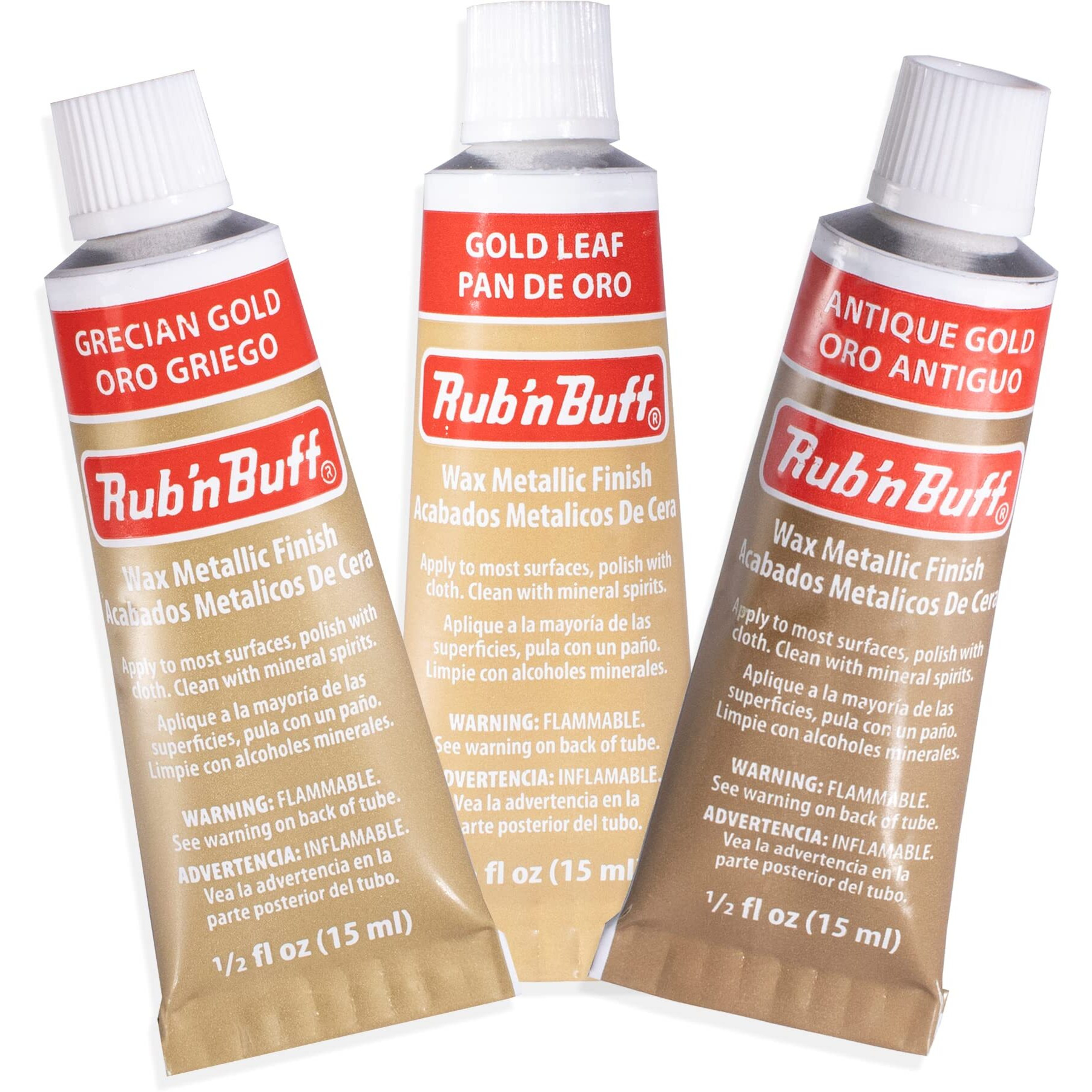 Amaco Rub N Buff Wax Metallic Finish 3 Color Kit - Antique Gold Grecian Gold And Gold Leaf 15Ml Tubes - Versatile Gilding Wax For Finishing Furniture Antiquing And Restoration - 3 Rub And Buff Colors