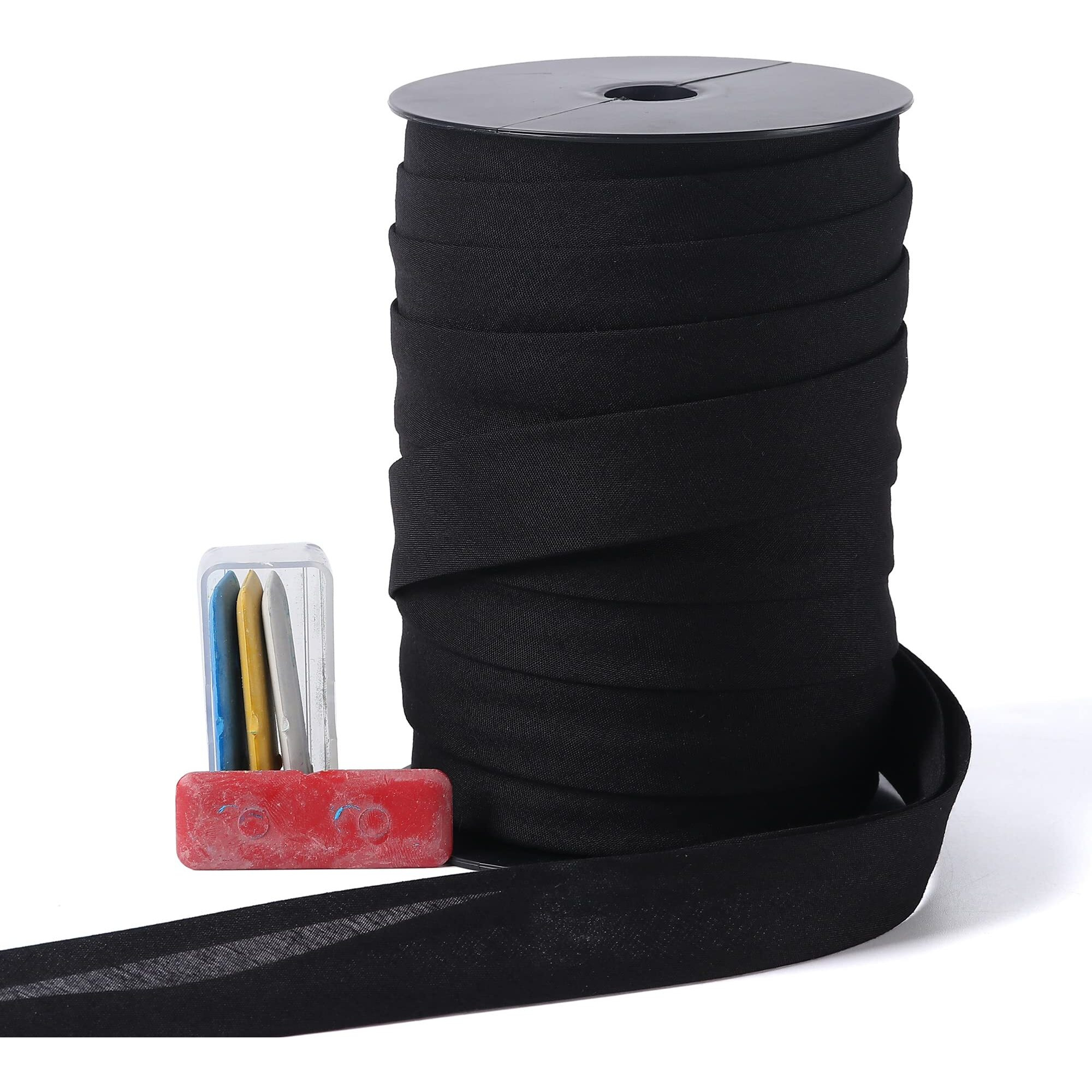 Bias Tape Double Fold 1 Inch, Double Fold Bias Binding Tape 55 Yards (Black) And 4 Pieces Sewing Fabric Chalks For Crafts, Sewing, Seaming, Hemming, Piping, Quilting