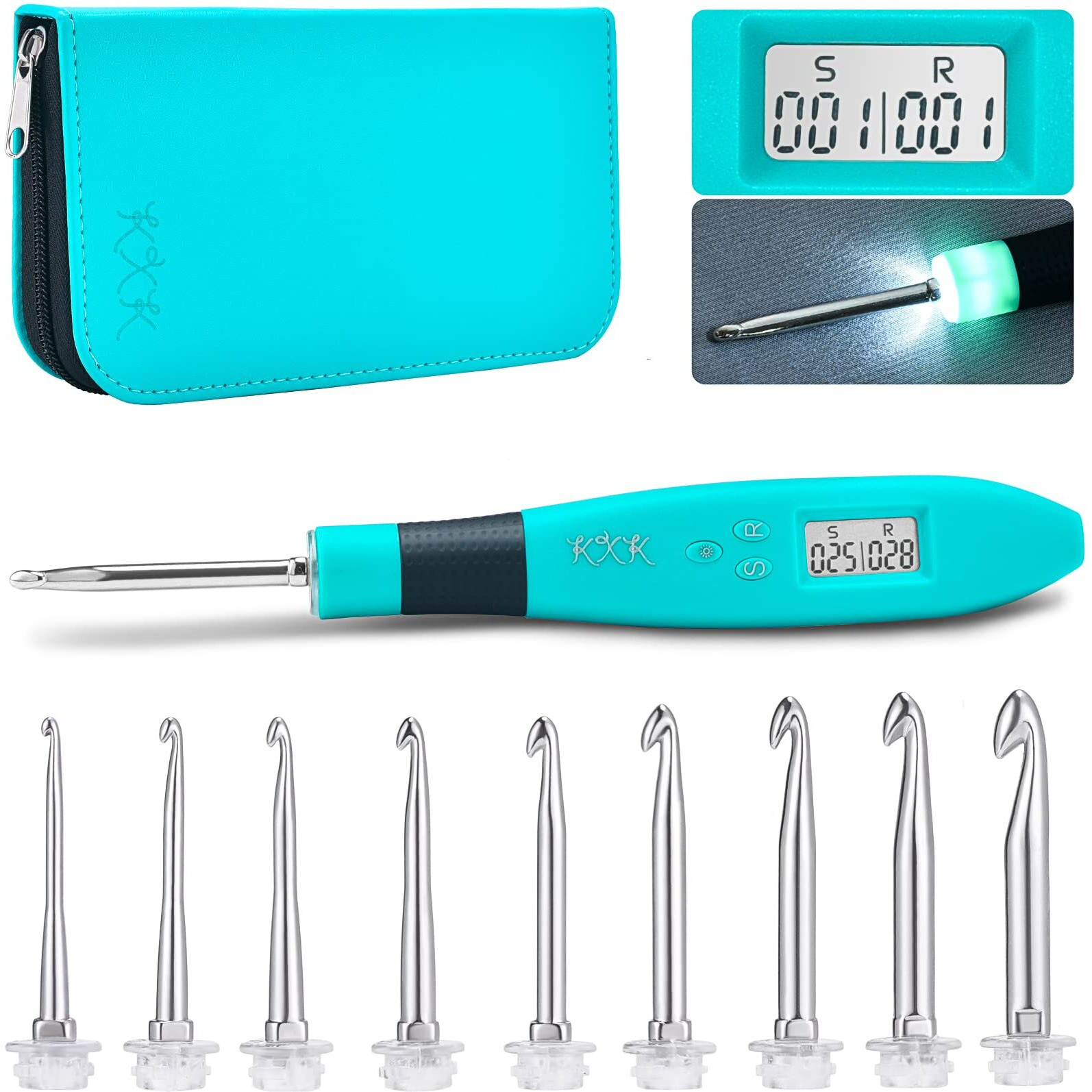 Counting Crochet Hook Set, Ergonomic Crochet Hooks With Led And Digital Stitch Counter, Crochet Kit With 9 Interchangeable Crochet Needle For Crocheting And Knitting