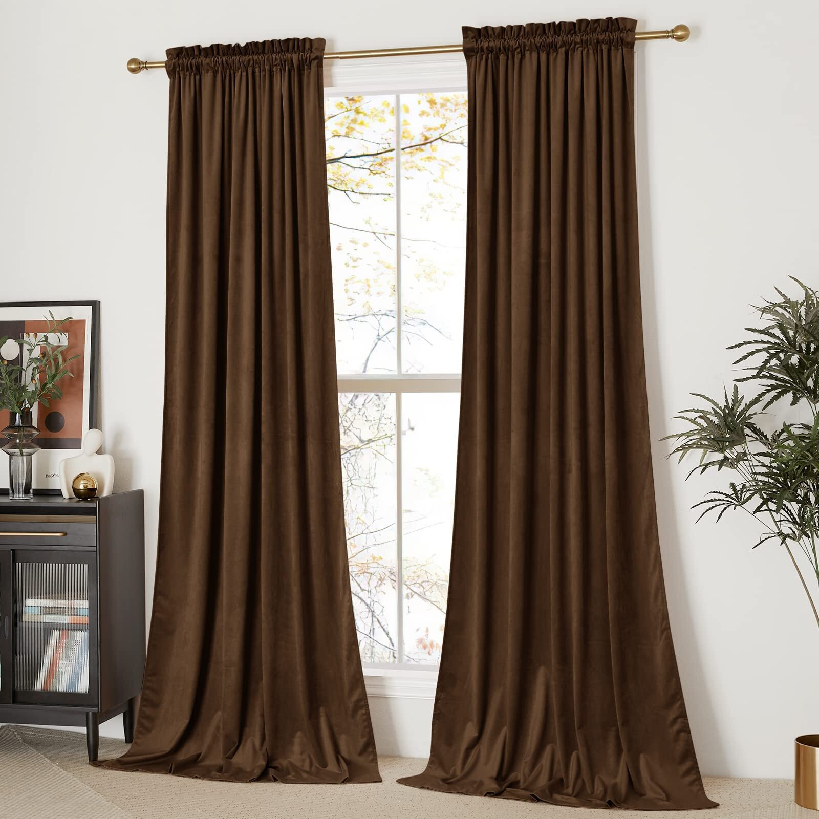 Nicetown Brown Velvet Room Darkening Curtains, Home Decor Light Blocking Thermal Insulated Drapes For Theater And Movie Room (Set Of 2, 96 Inches Long)