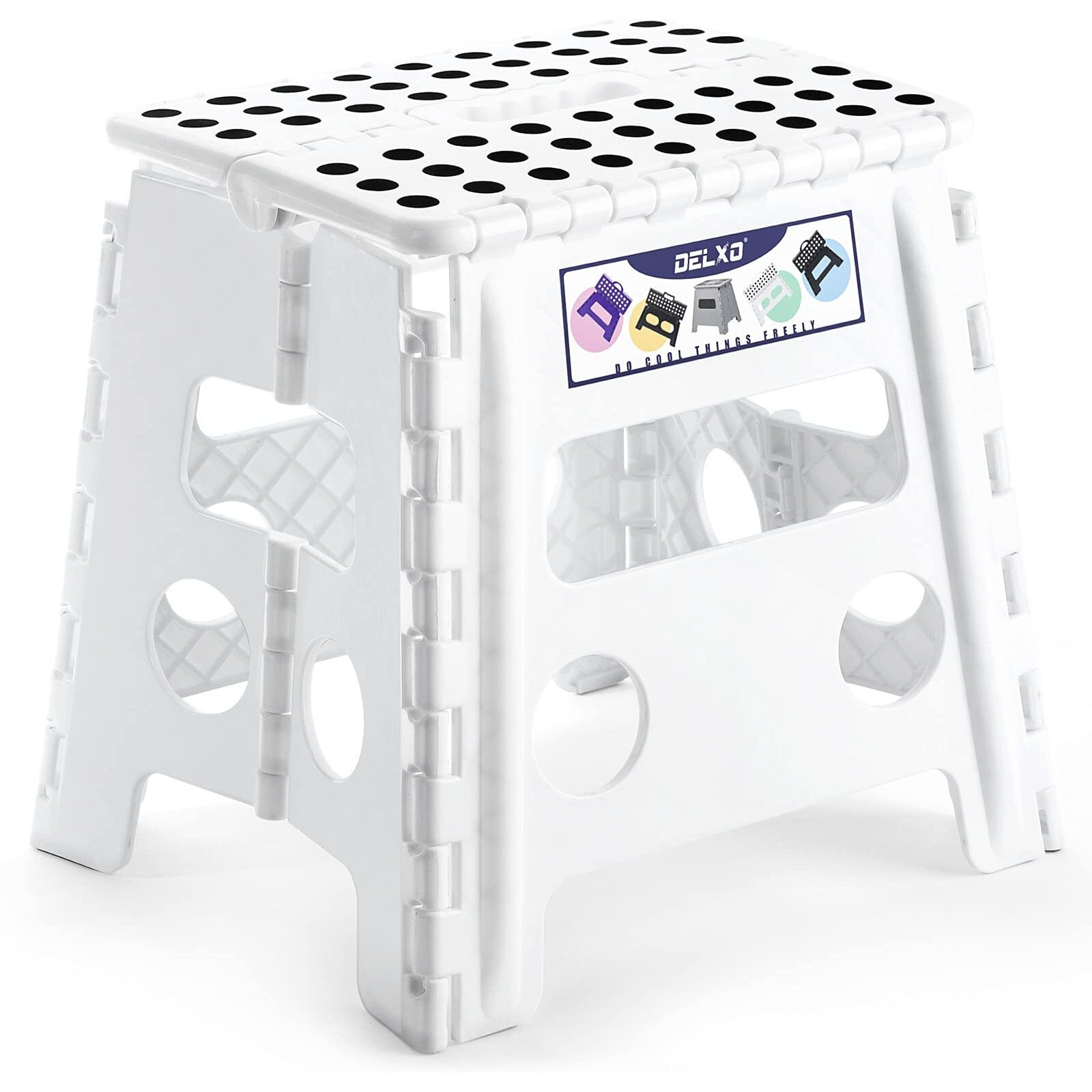 Delxo 13" Folding Step Stool For Kids And Adults, Non-Slip Foldable Step Stools With Handle,Plastic Portable Folding Stool For Bathroom,Bedroom,Kitchen,Hold Up To 300Lbs White