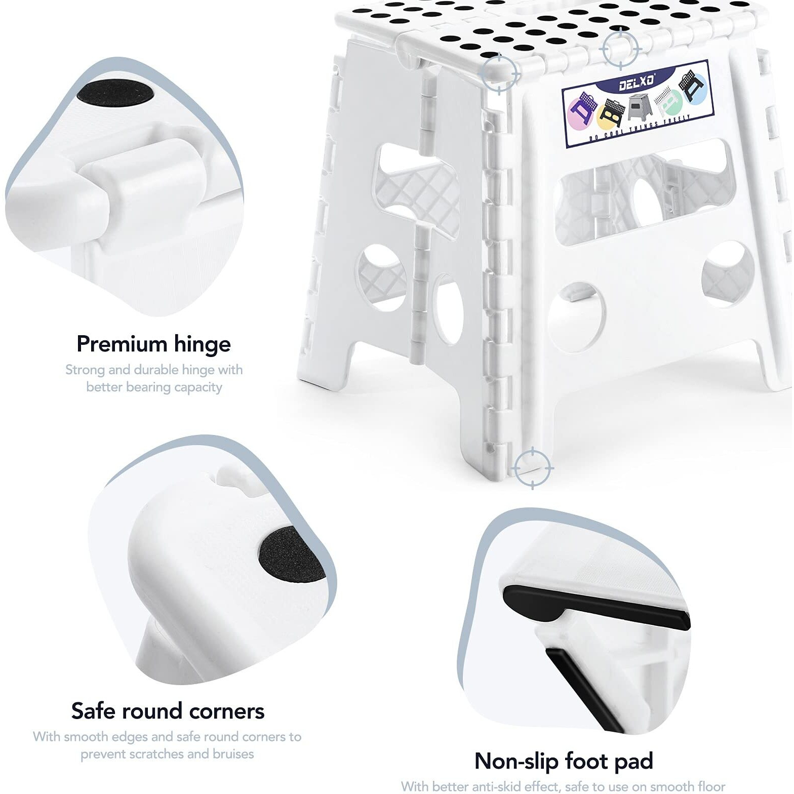 Delxo 13" Folding Step Stool For Kids And Adults, Non-Slip Foldable Step Stools With Handle,Plastic Portable Folding Stool For Bathroom,Bedroom,Kitchen,Hold Up To 300Lbs White