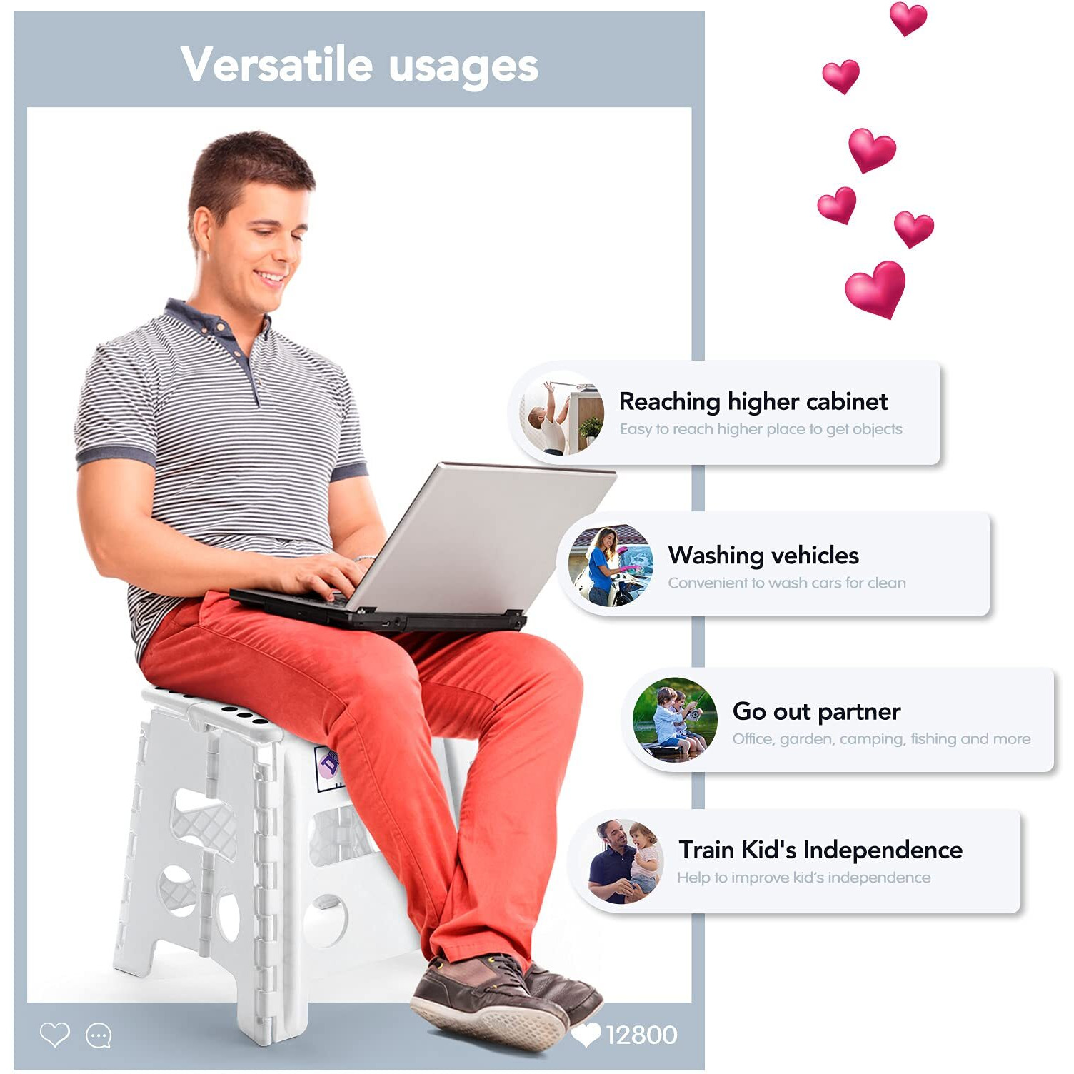 Delxo 13" Folding Step Stool For Kids And Adults, Non-Slip Foldable Step Stools With Handle,Plastic Portable Folding Stool For Bathroom,Bedroom,Kitchen,Hold Up To 300Lbs White