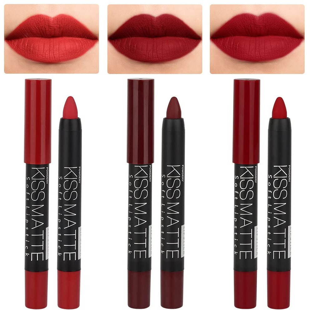 Evpct Dnm 3Pcs Dark Ruby Deep Red Matte Lipstick And Lip Crayon Sticks Liner Pencil Set Red Matte Lip Liner And Liquid Stay On Lipstick 10&11&18