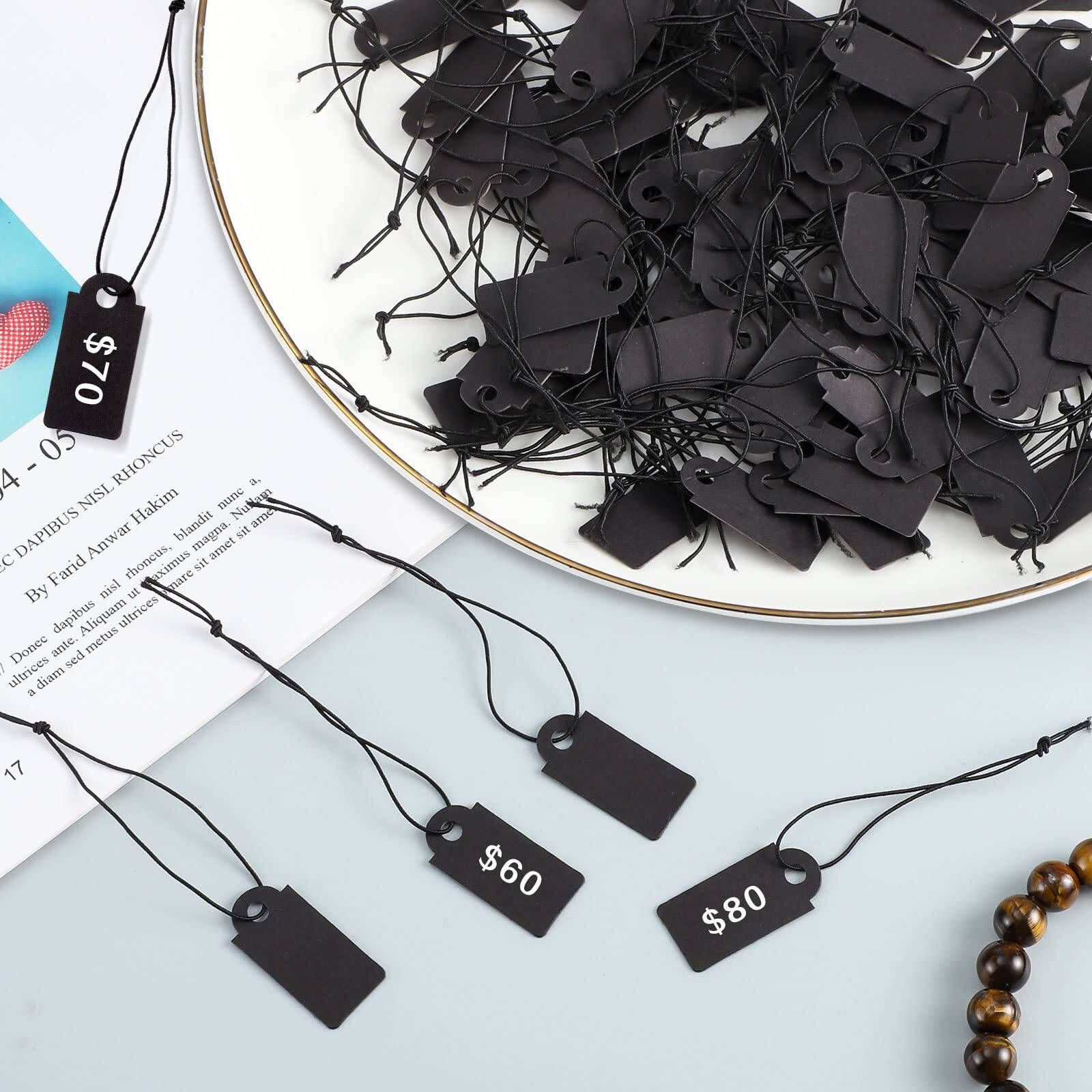 200 Pcs Black Price Tags, Gift Tags With Elastic String, Jewelry Price Tags Writable Kraft Gift Tags For Valentine's Day Gift Clothes Jewelry(Black,10.47Inch