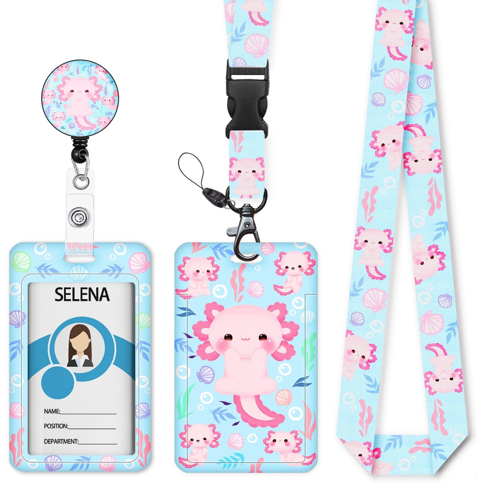 Id Badge Holder With Breakaway Lanyard, Lanyards For Id Badges Name Tags Id Card Holder, Cute Badge Reel Badge Clip Retractable, Teacher Nurse Nursing Student School Office Gifts, Axolotl Arts