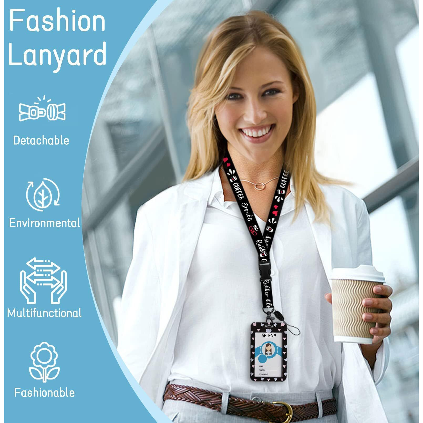 Funny Nurse Lanyards For Id Badges Name Tags Id Card Holder, Id Badge Holder With Breakaway Lanyard, Cute Badge Reel Badge Clip Retractable, Coffee Scrubs And Rubber Gloves (Black)