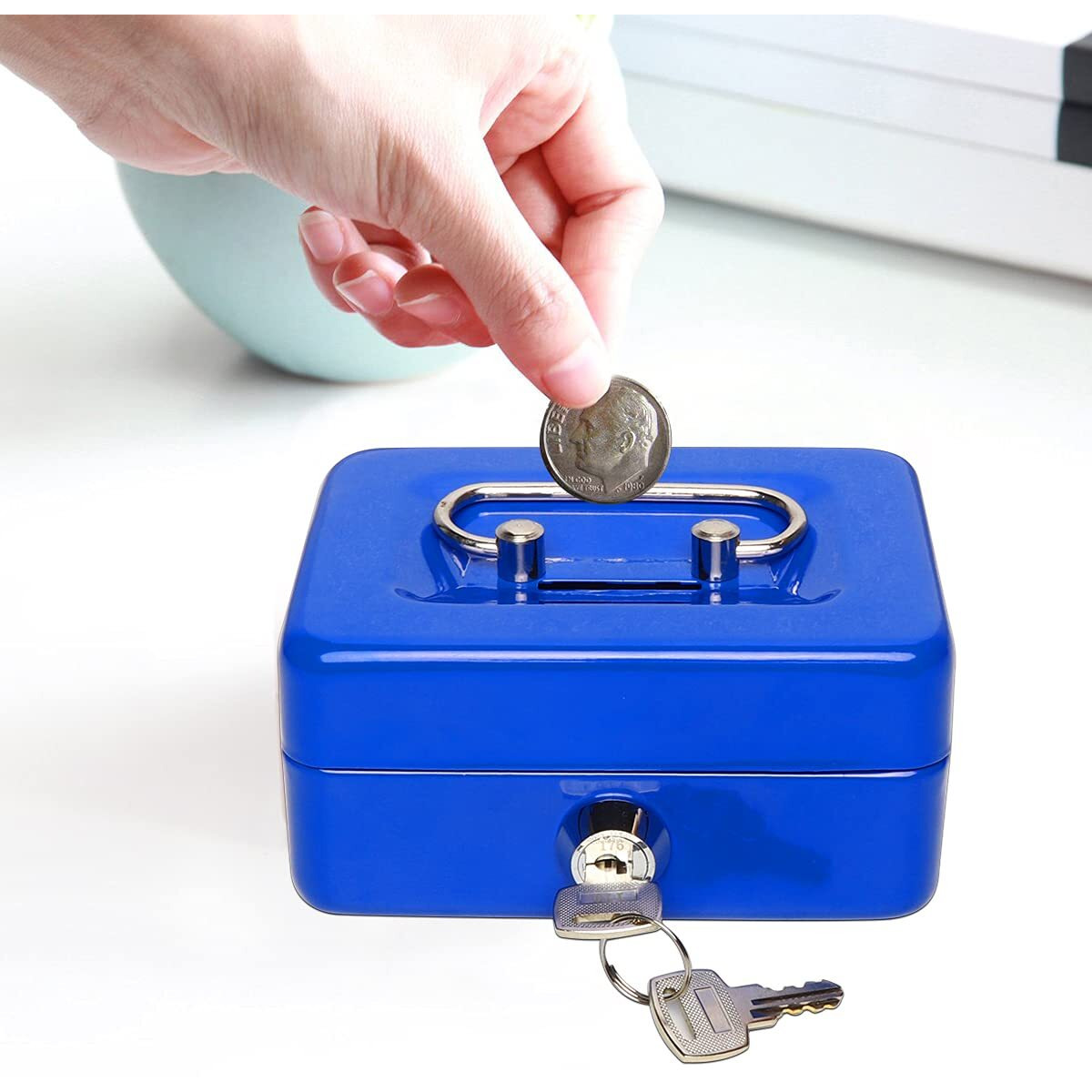 Jssmst Small Cash Box With Lock And Slot, Metal Coin Piggy Bank For Adults And Kids, Blue Locking Money Box