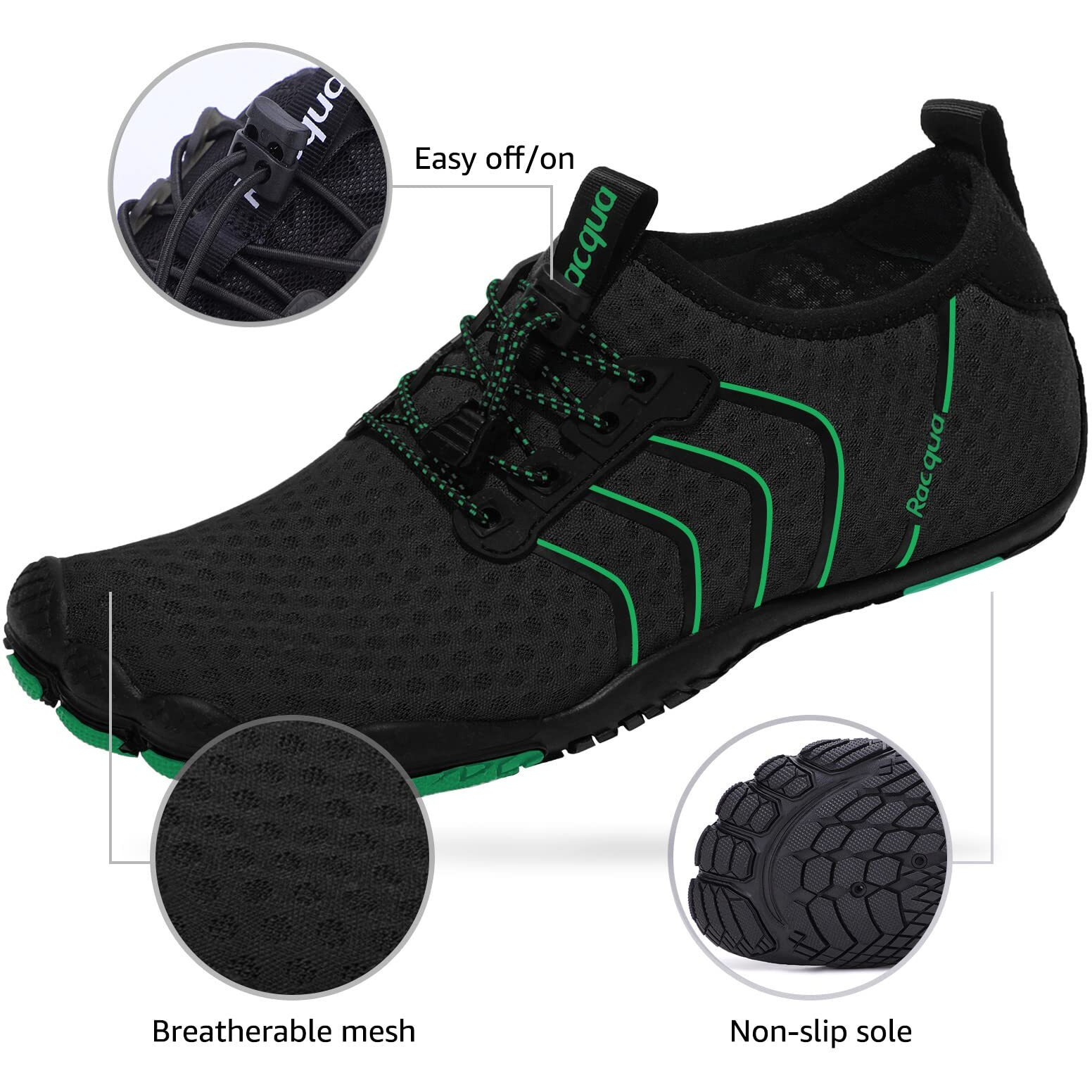 Racqua Water Shoes Quick Dry Aqua Shoes For Men Women Beach Surf Swim Shoes Outdoor Barefoot Walking Sport Shoes Black/Green 11 Women/10 Men