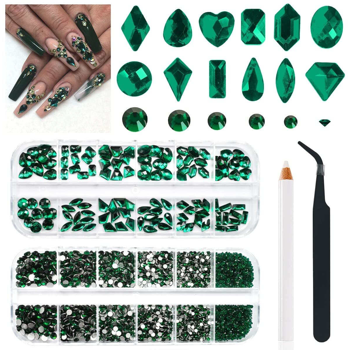 Emerald Green Nail Rhinestones K9 Glass Crystal Flat Back Rhinestones Nail Charms Stones 120 Multi Shapes Big Gems Round Beads Nail Art Diamonds Jewels For Nail Art Face Eyes Mackup Crafts Clothes Diy