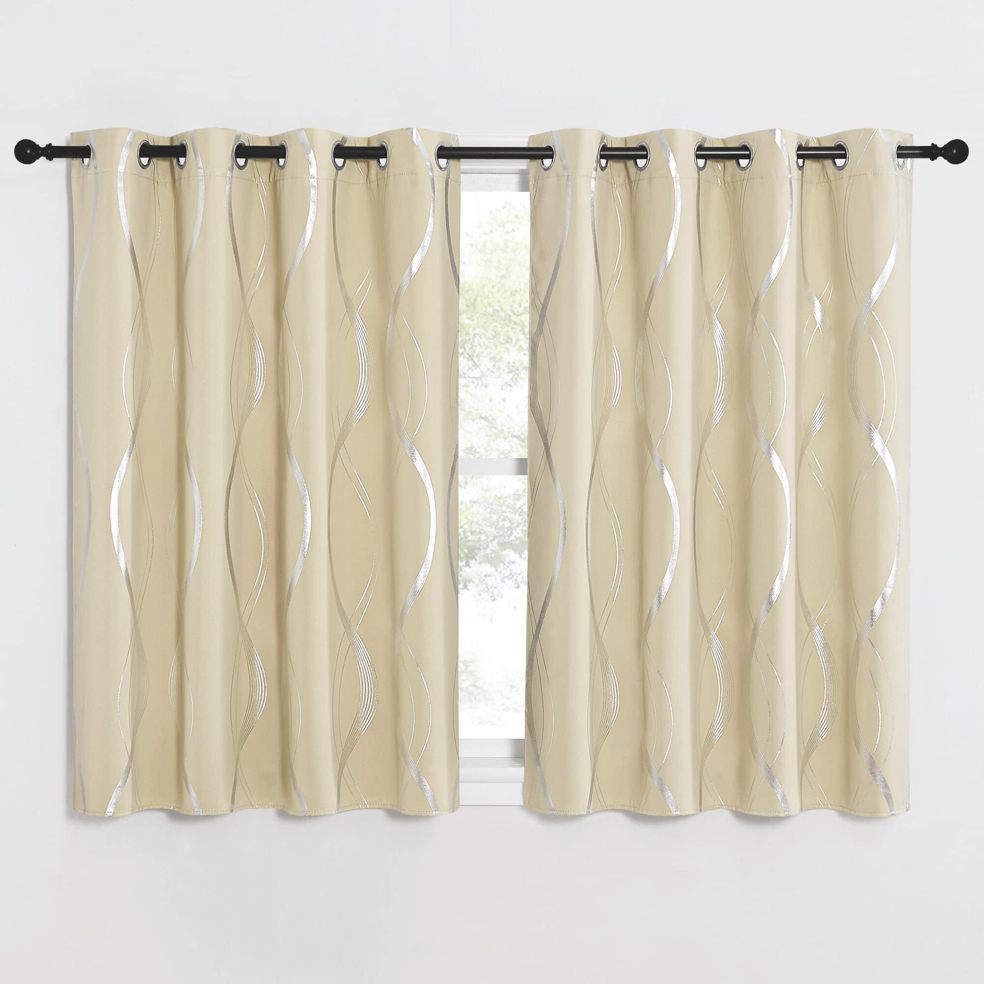 Nicetown Blackout Short Curtains For Bedroom, Microfiber Noise Reducing Thermal Insulated Wave Line Foil Print Design Blackout Curtains For Office, Classroom (Biscotti Beige, 2 Panels, 52&quotW X 54&quotL)