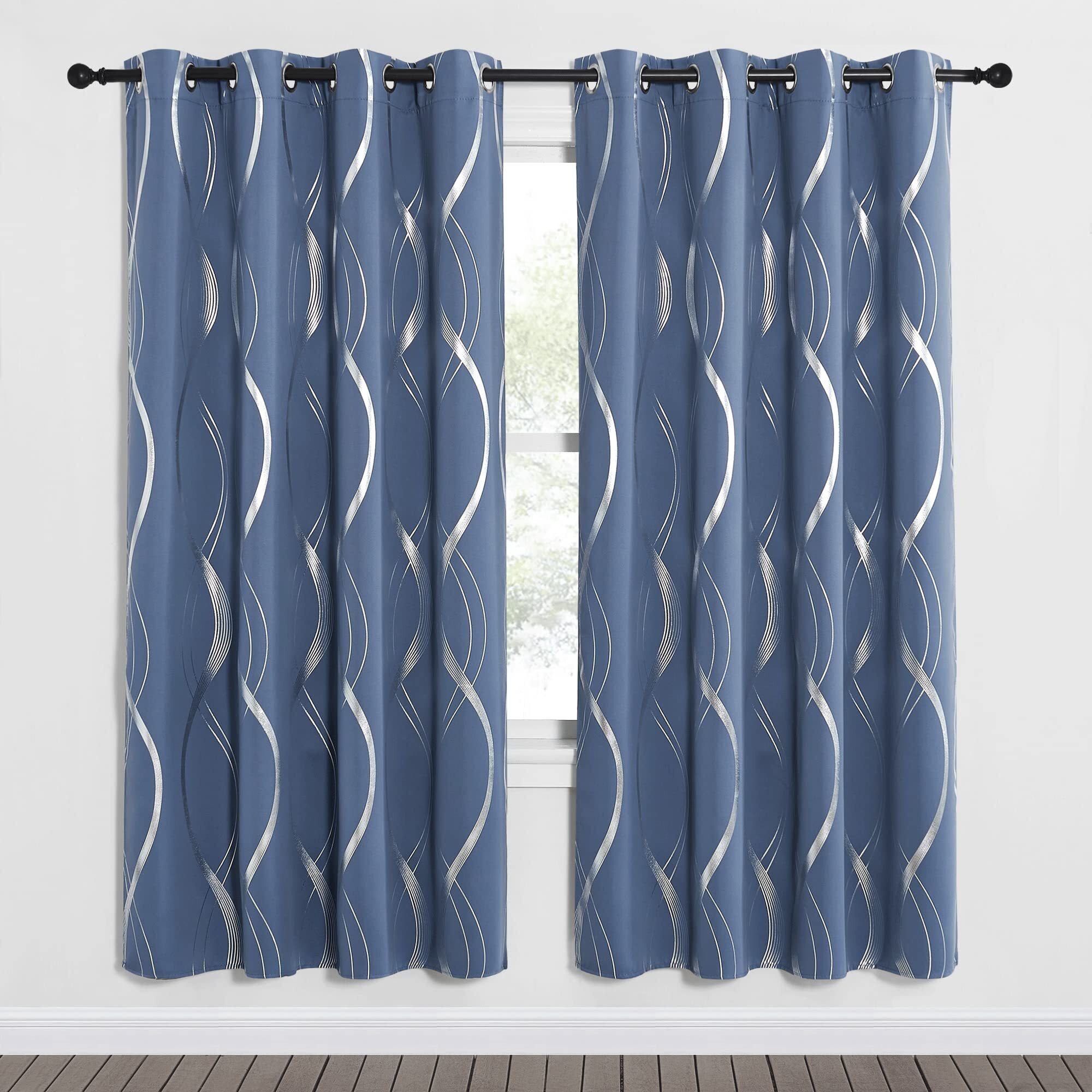 Nicetown Blackout Curtains Panels For Bedroom - Microfiber Noise Reducing Thermal Insulated Wave Line Foil Print Design Drapes For Patio Sliding Glass Door (Stone Blue, 2 Panels, 52 X 72 Inch)