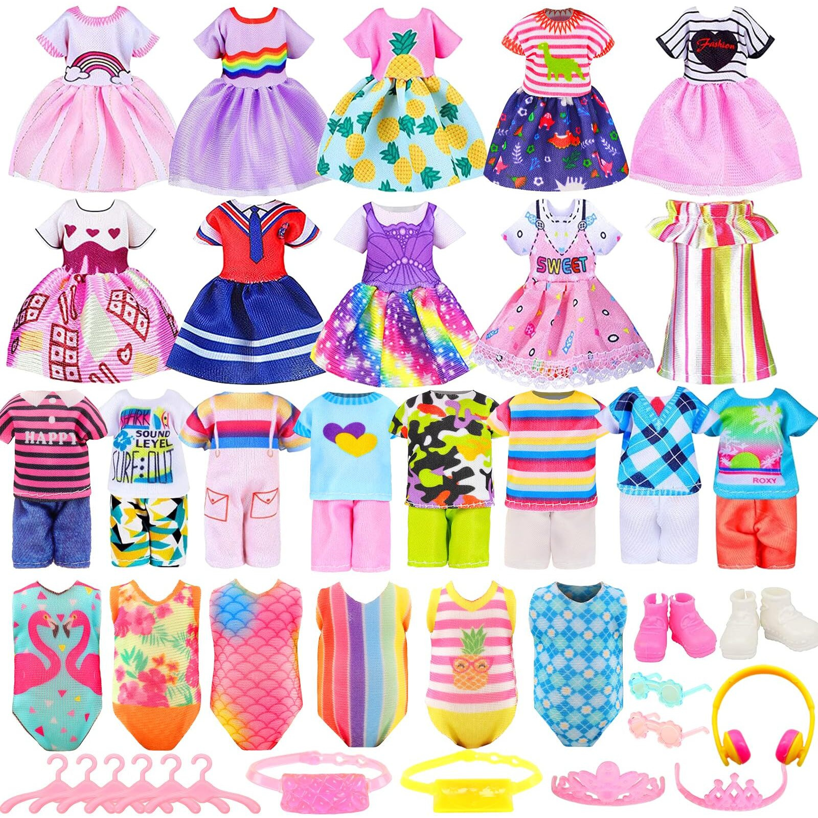 30 Pcs Mini 6 Inch Doll Clothes And Accessories Include 4 Tops, 4 Pants For Boy Dolls, 5 Dresses , 2 Swimsuit And 2 Shoes, 10 Outfits Hangers Pocket Glasses Headset Crown For 5.3-6 Inch Dolls