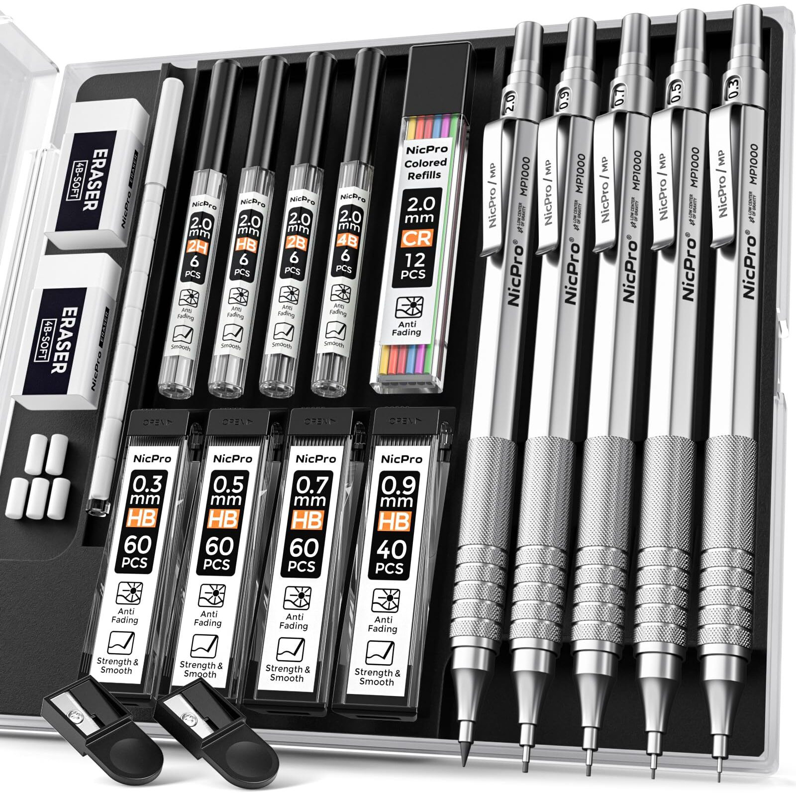 Nicpro Metal Mechanical Pencil Set, 5 Pcs Art Drafting Pencils 0.3, 0.5, 0.7, 0.9 Mm & 2Mm Graphite Lead Holder For Sketching Drawing With 9 Tubes (4B 2B Hb 2H Colors) Lead Refills Erasers Case