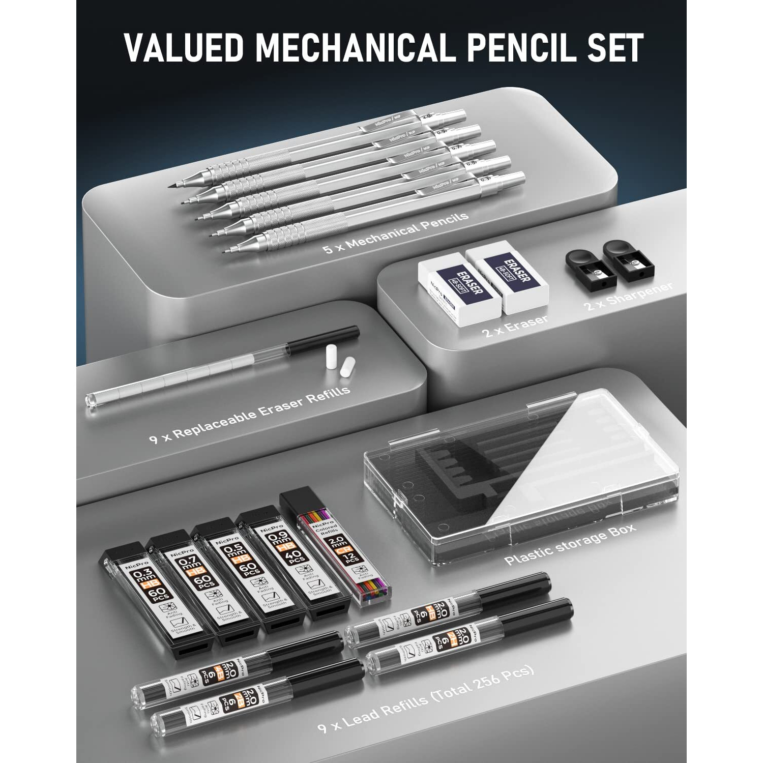 Nicpro Metal Mechanical Pencil Set, 5 Pcs Art Drafting Pencils 0.3, 0.5, 0.7, 0.9 Mm & 2Mm Graphite Lead Holder For Sketching Drawing With 9 Tubes (4B 2B Hb 2H Colors) Lead Refills Erasers Case