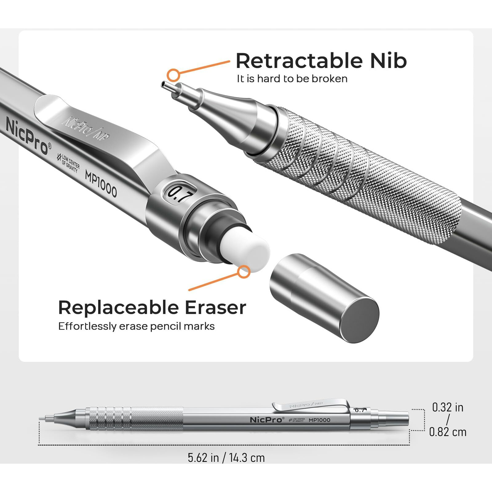 Nicpro Metal Mechanical Pencil Set, 5 Pcs Art Drafting Pencils 0.3, 0.5, 0.7, 0.9 Mm & 2Mm Graphite Lead Holder For Sketching Drawing With 9 Tubes (4B 2B Hb 2H Colors) Lead Refills Erasers Case