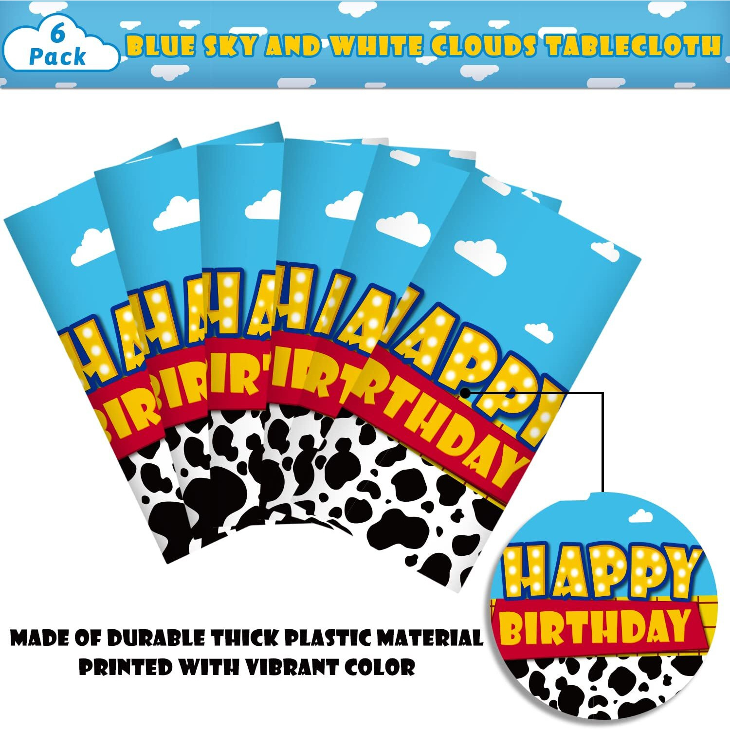 6 Pack Cartoon Story Birthday Party Supplies Cow Pattern Printed Table Cover Blue Sky And White Cloud Tablecloths Cow Birthday Party Decoration For Boy Girl Kid Birthday Party Decor 54 X 108 Inch