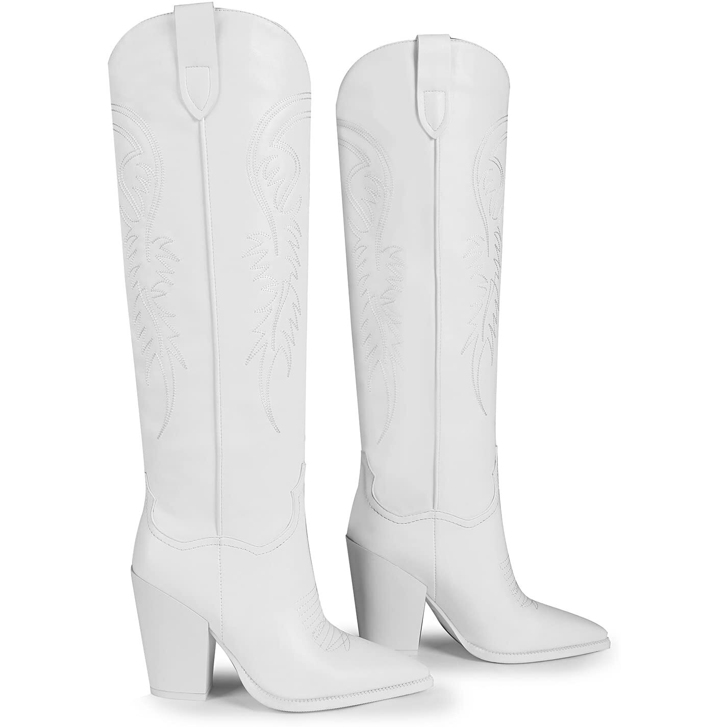 Isnom White Cowgirl Boots For Womens Western Boots Tall White Cowboy Boots For Women Knee High Western Boots For Women Tall Cowboy Boots Women High Heel Wide Calf Cowboy Boots Women Cowboy Boots