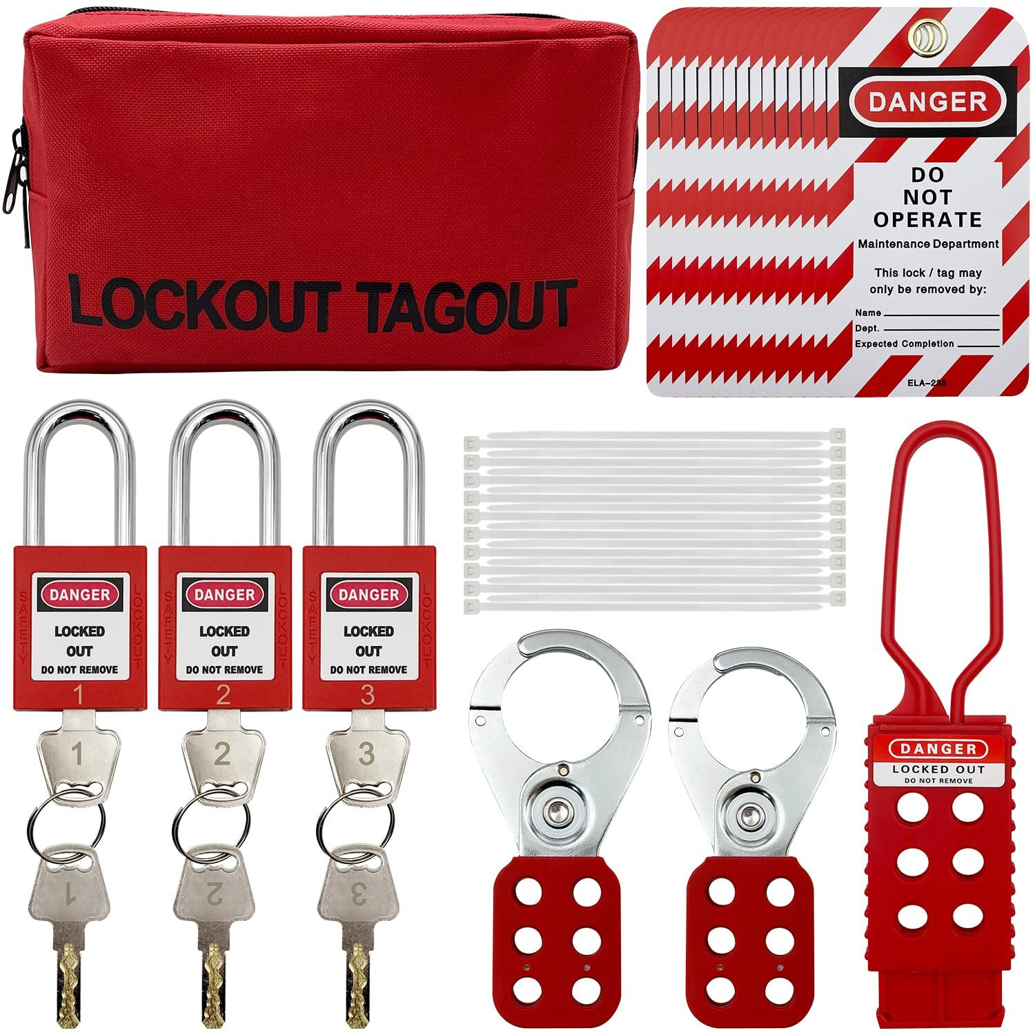 Lockout Tagout Kit Electrical Loto - Group Lockout Hasps, Lockout Tags, Safety Padlocks With Number, Nylon Ties With Pocket Bag(Red Kit)