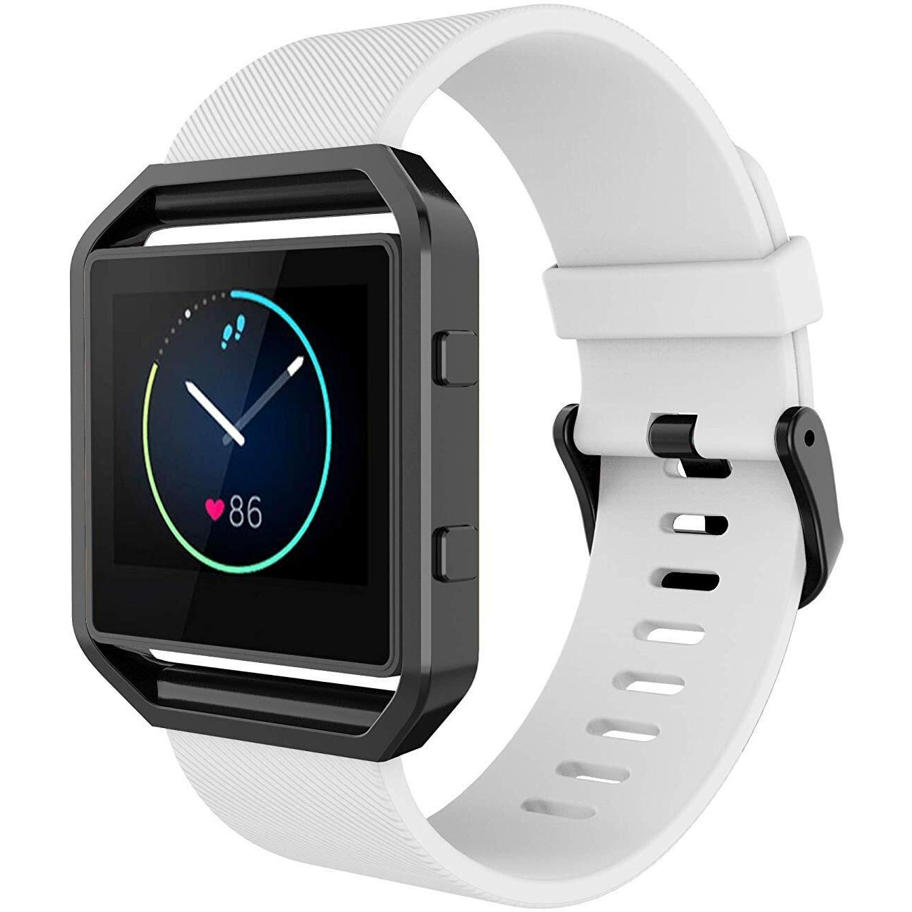 Simpeak Sport Band Compatible With Fitbit Blaze Smartwatch Sport Fitness, Silicone Wrist Band With Meatl Frame Replacement For Fitbit Blaze Men Women, Large, White Band+Black Frame