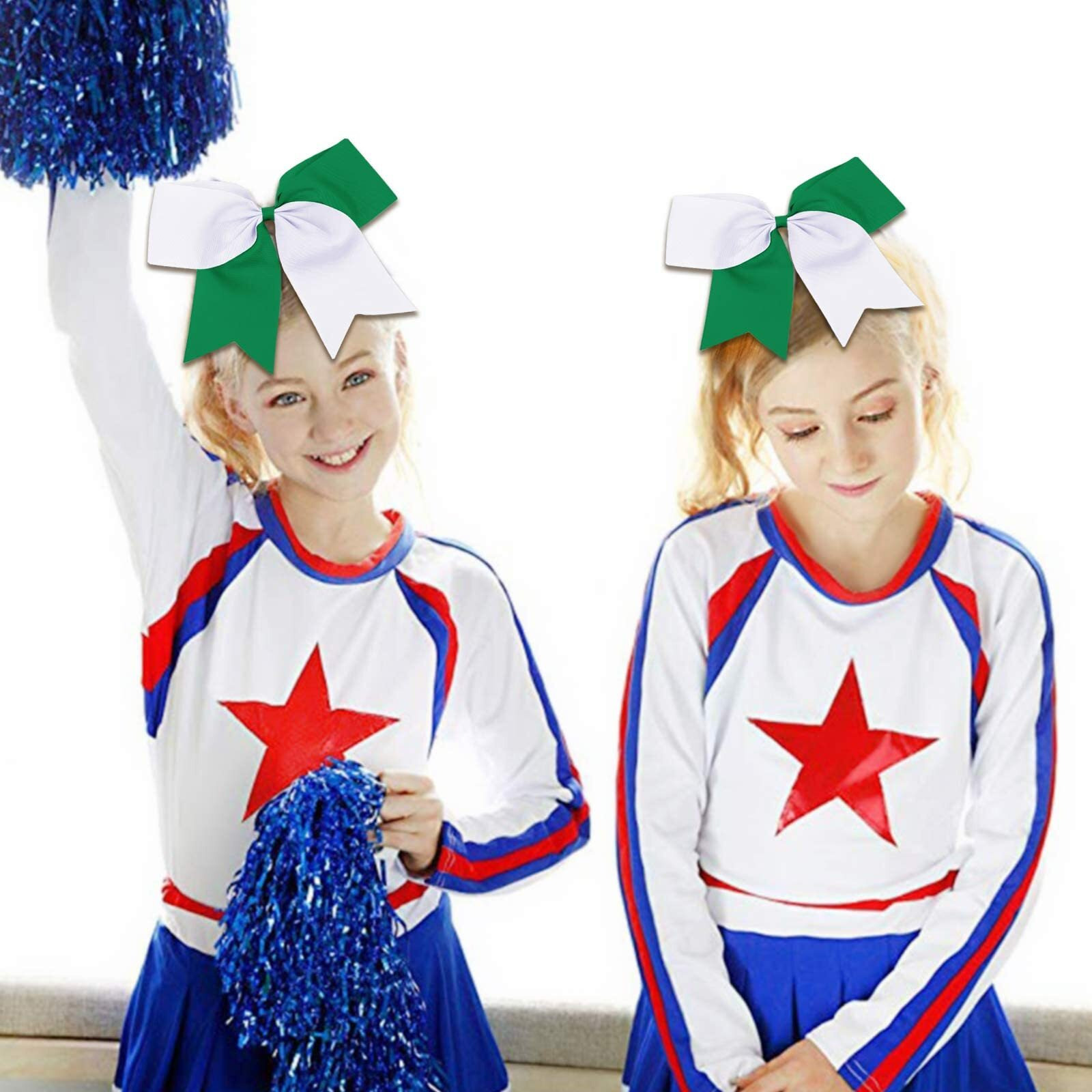 16Pcs 8" Large Cheer Hair Bows Ponytail Holder Elastic Band Handmade For Cheerleading Teen Girls College Sports (White/Forest Green, 16 Count (Pack Of 1))