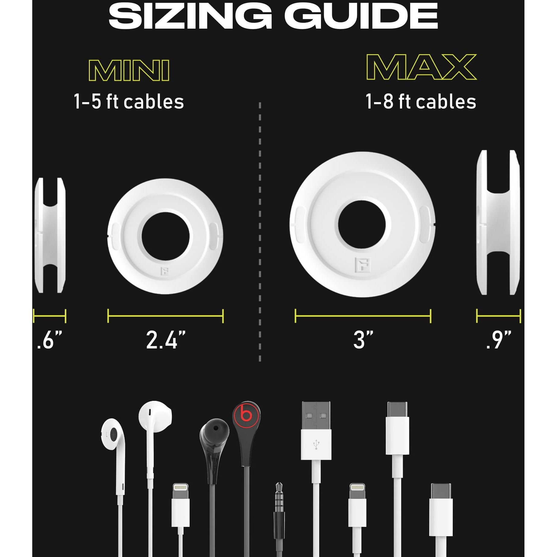 Fuse Side Winder Mini And Max Headphone, Earbud And Charging Cable Winder And Organizer Perfect For Wrapping Earbuds And Cords For Travel And Organization (Max (2-Pack), Black)