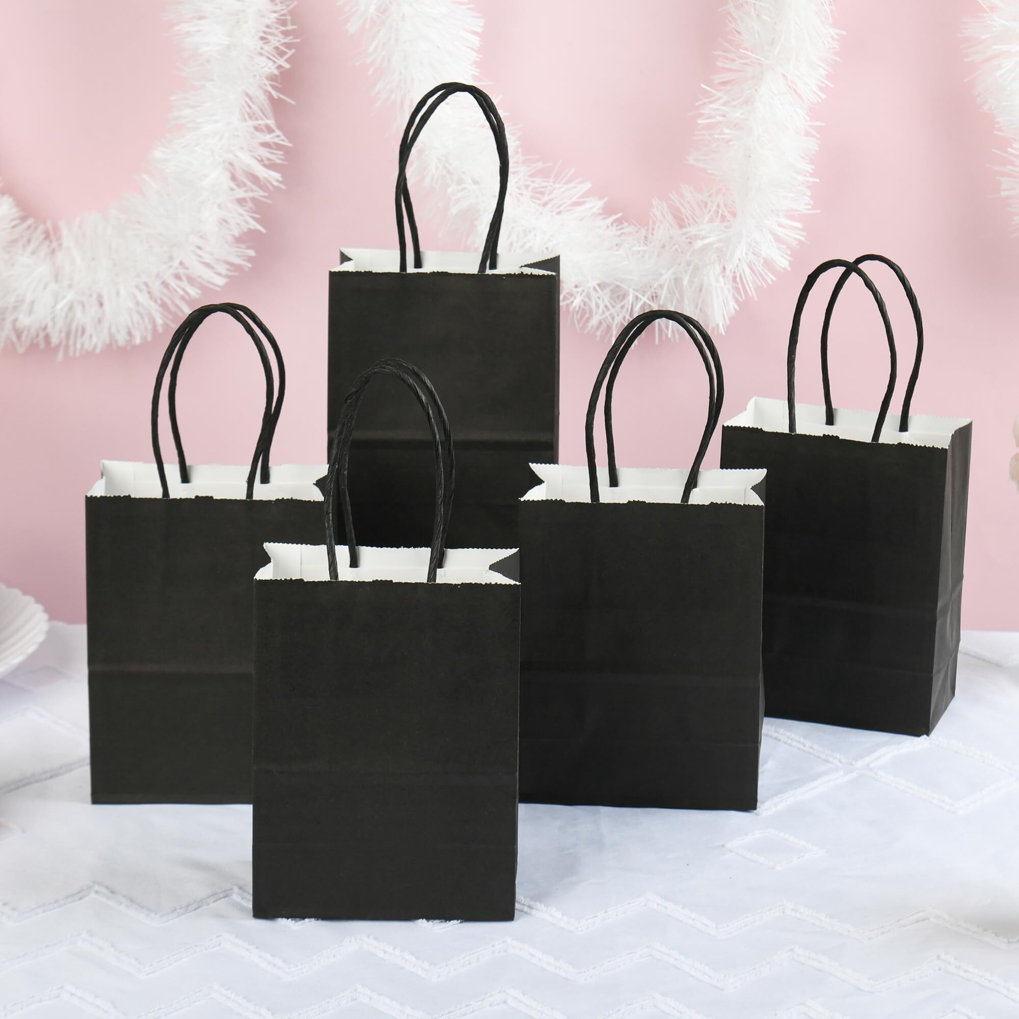 Djinnglory 60 Pack Tiny Mini Black Paper Gift Party Goodie Bags With Handles Bulk 6.3 X 4.7 X 2.75 Inch For Halloween Birthday Favors Treats, Diy Crafts, Small Business Merchandise Kraft Bags