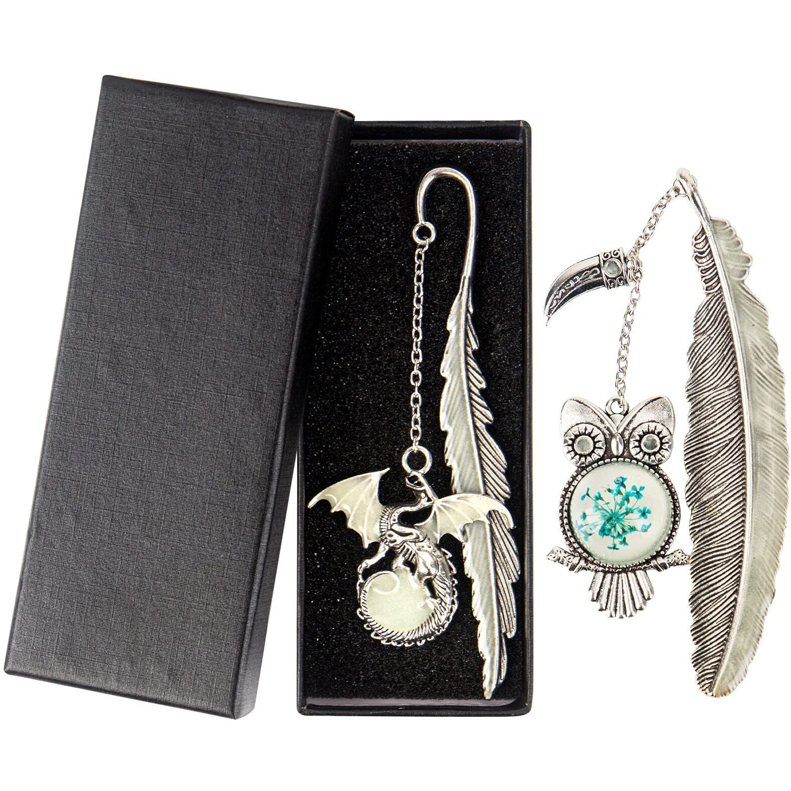 2 Pack Vintage Feather Metal Bookmark, Unique Glow In The Dark Bookmark Gift For Men Women(Dragon & Owl Antique Silver)