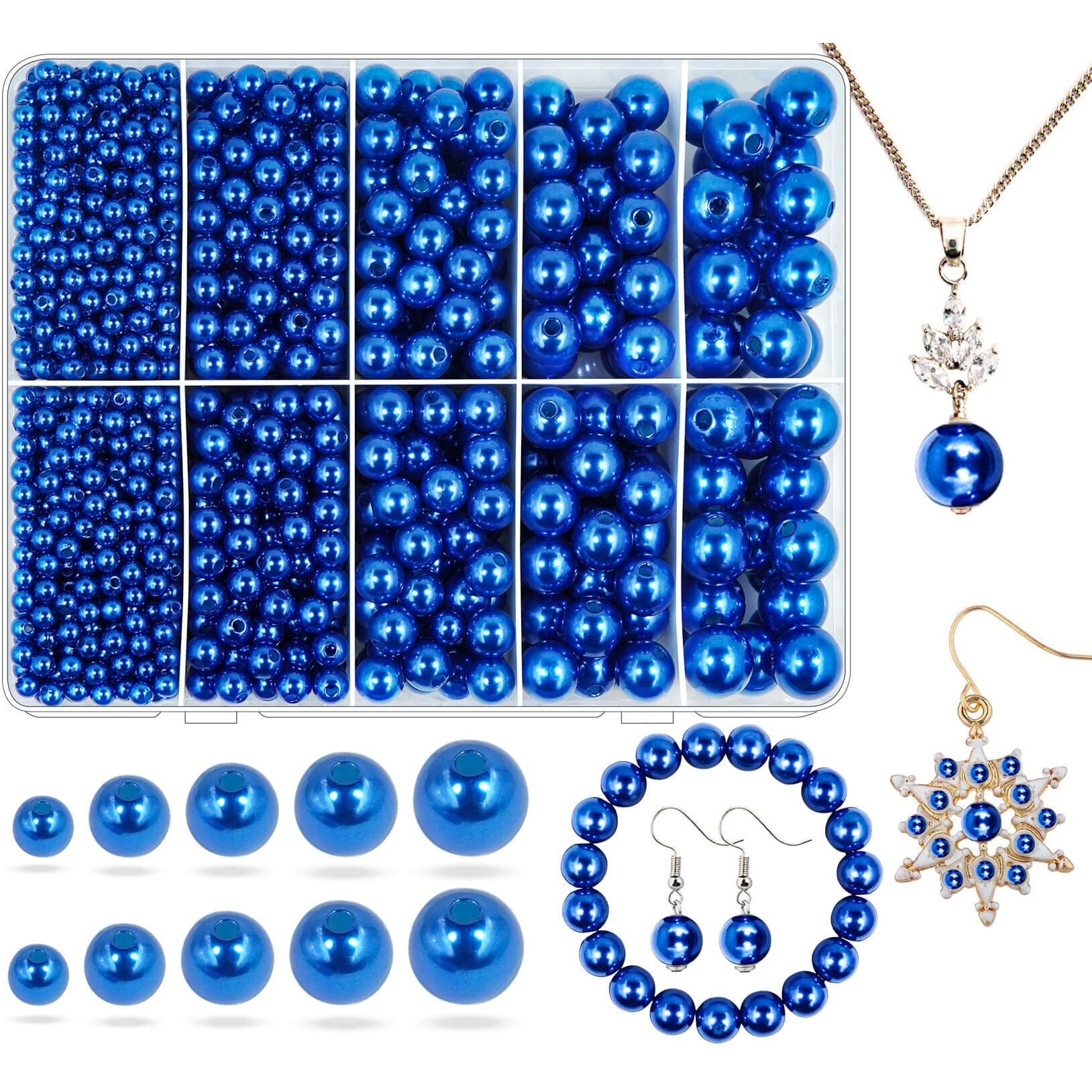 Blue Pearl Beads For Jewelry Making, 1750Pcs Royal Blue Pearl Craft Bead With Hole 4Mm 6Mm 8Mm 10Mm 12Mm Loose Spacer Bead For Necklace Bracelet Earrings Ring Choker Wedding Dress Decor (Blue)