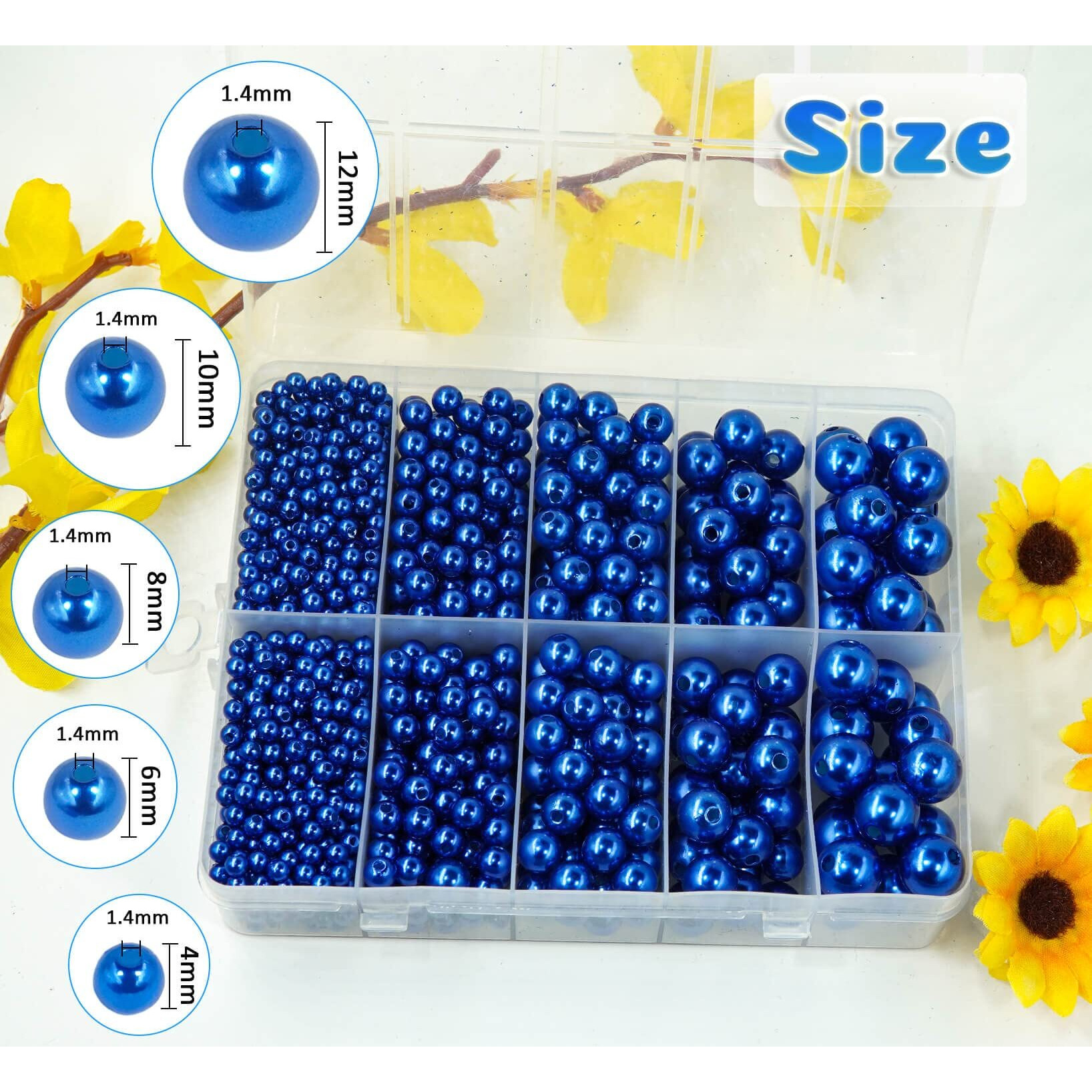 Blue Pearl Beads For Jewelry Making, 1750Pcs Royal Blue Pearl Craft Bead With Hole 4Mm 6Mm 8Mm 10Mm 12Mm Loose Spacer Bead For Necklace Bracelet Earrings Ring Choker Wedding Dress Decor (Blue)