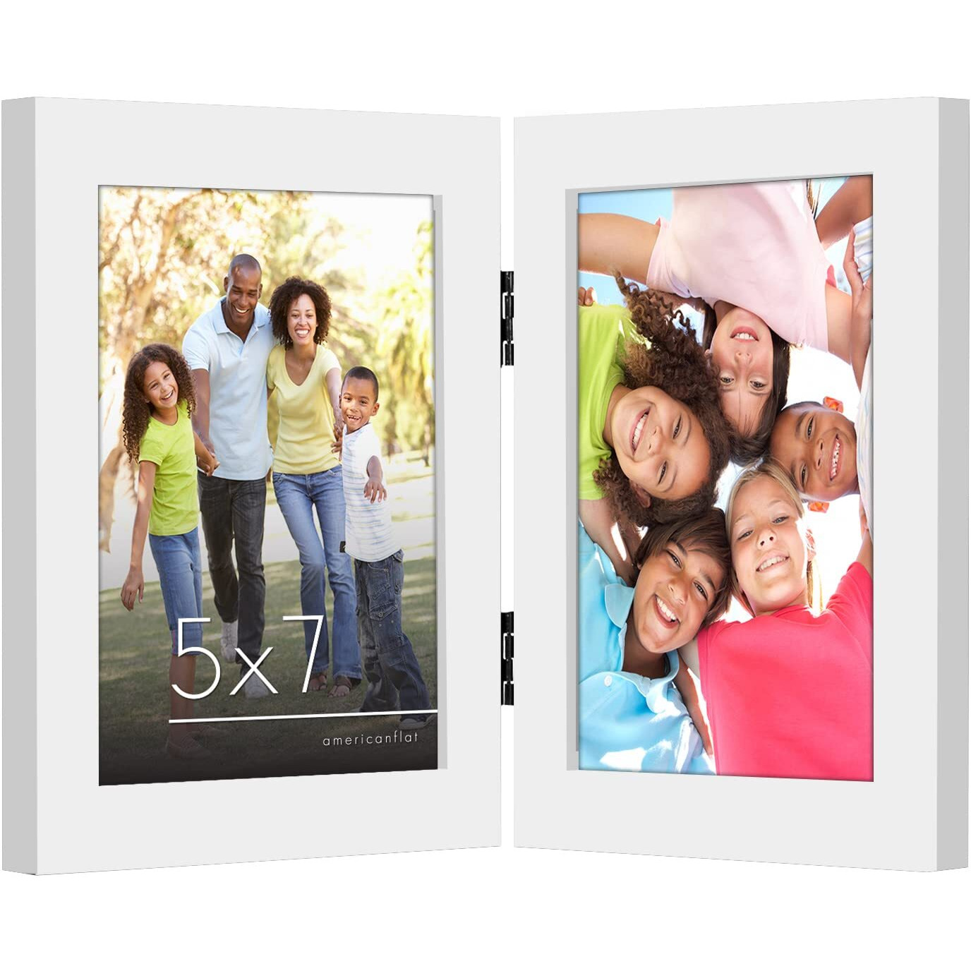 Americanflat 5X7 Hinged Picture Frame In White With Two Displays - Composite Wood With Polished Glass For Tabletop
