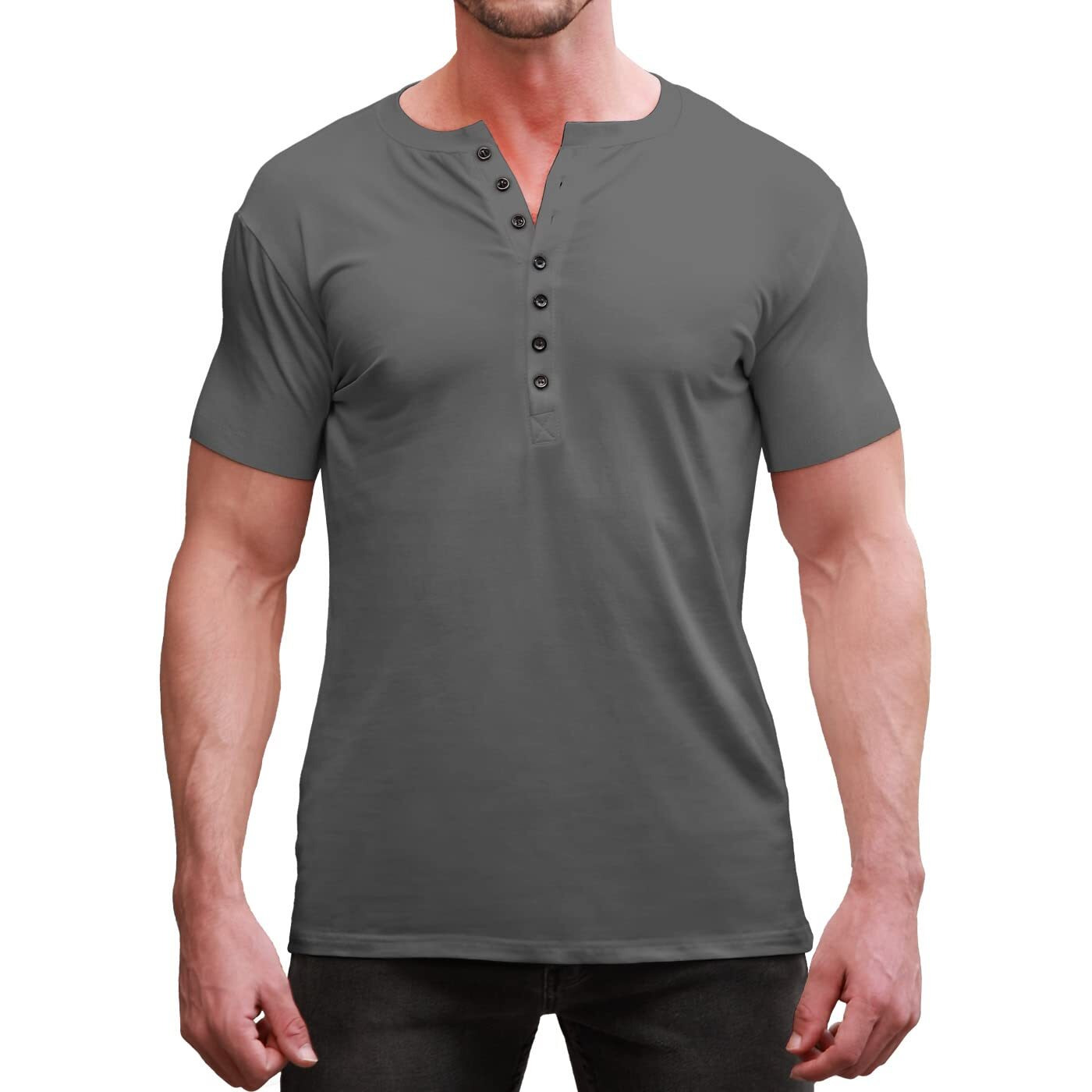 Ytd Mens Casual Slim Fit Basic Henley Short Sleeve Fashion Summer T-Shirt M Dark Gray
