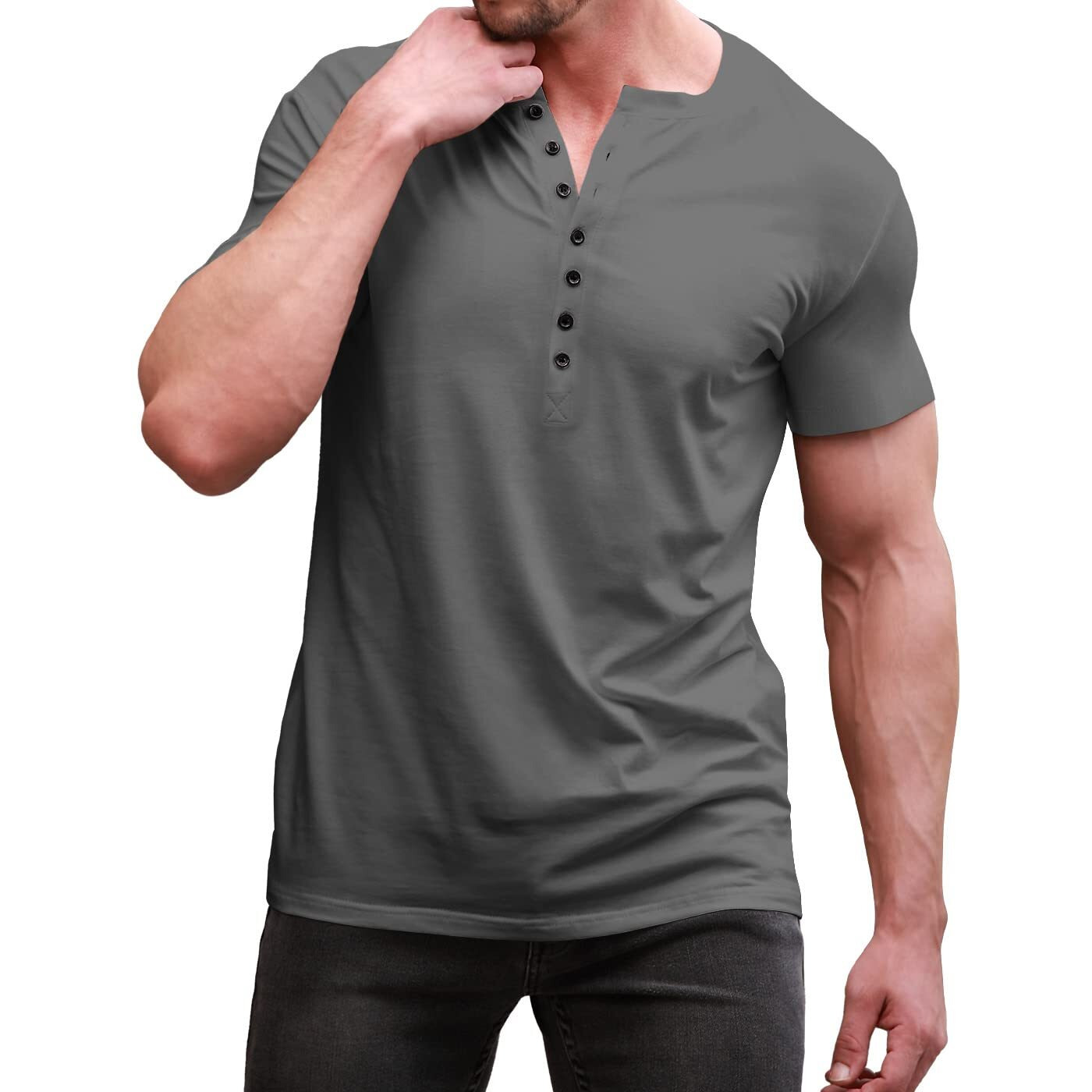 Ytd Mens Casual Slim Fit Basic Henley Short Sleeve Fashion Summer T-Shirt M Dark Gray