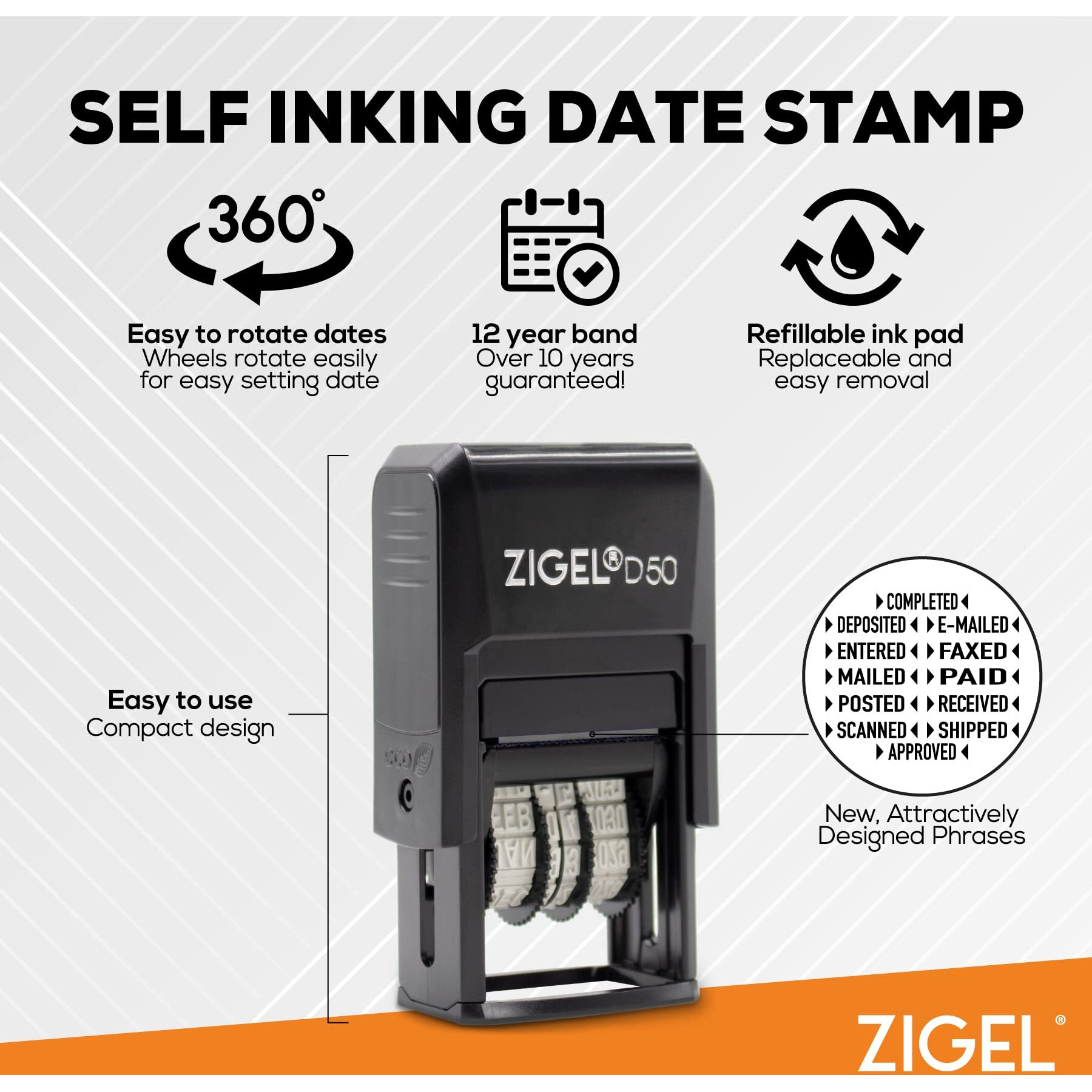 Zigel D50 Date Stamp With Completed - Self Inking Date Stamp - Black