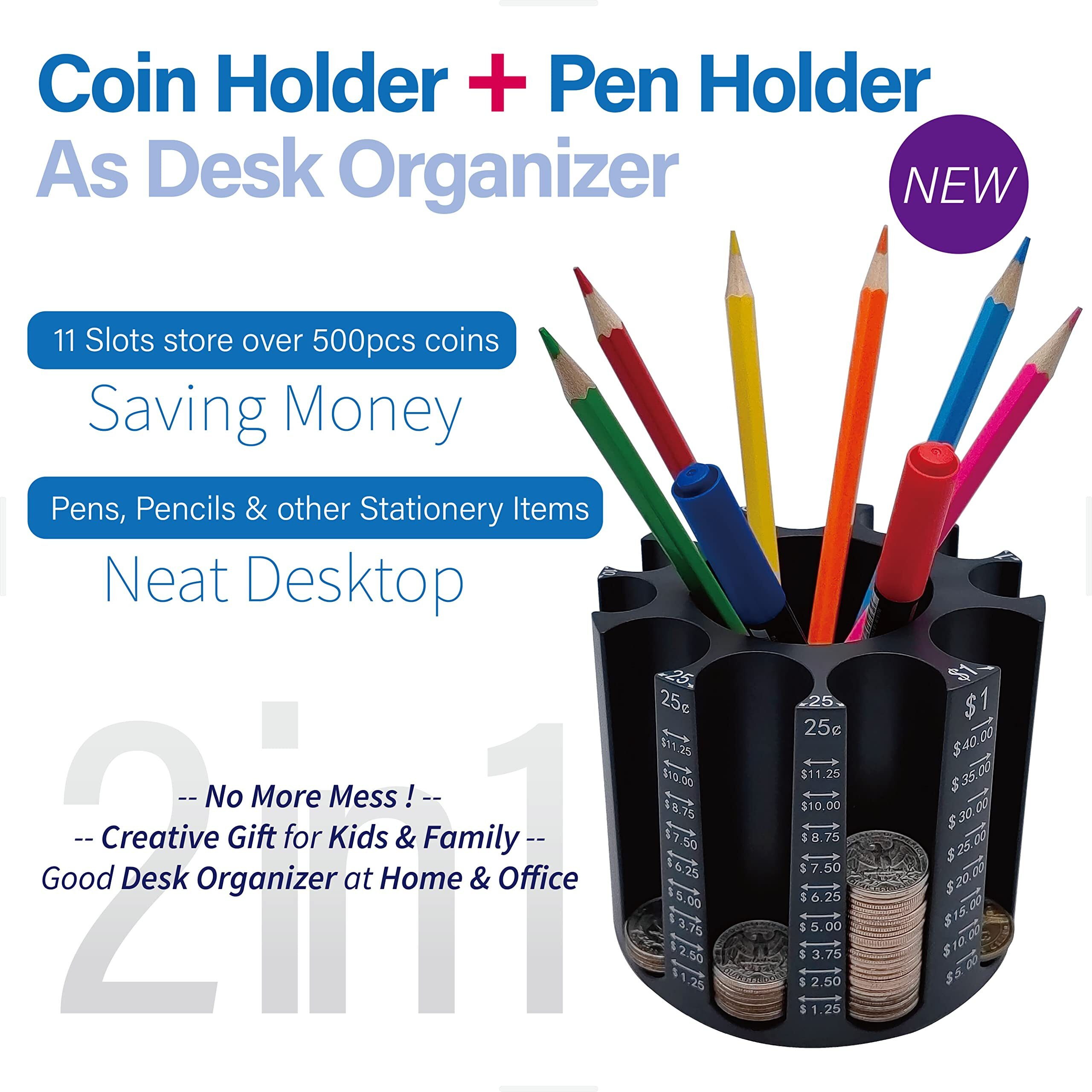 Byteen8 Coin Counter Coin Sorter|Pen Holder + Coin Holder As Desk Organizer|Piggy Bank For Adults & Kids + Pencil Holder For Desk|Coin Wrappers Coin Bank Store 500Pcs|Creative Gifts For Kids & Family