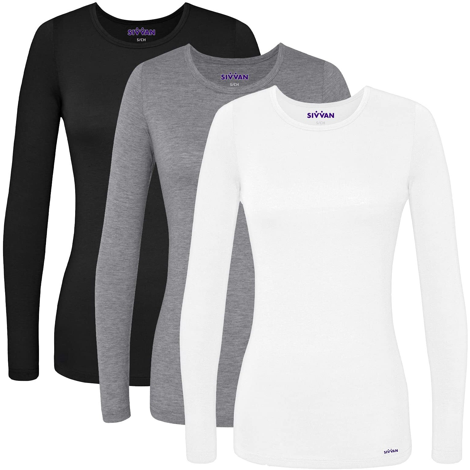 Sivvan Scrubs For Women - Long Sleeve Comfort Underscrub Tee 3-Pack - S85003 - White - S