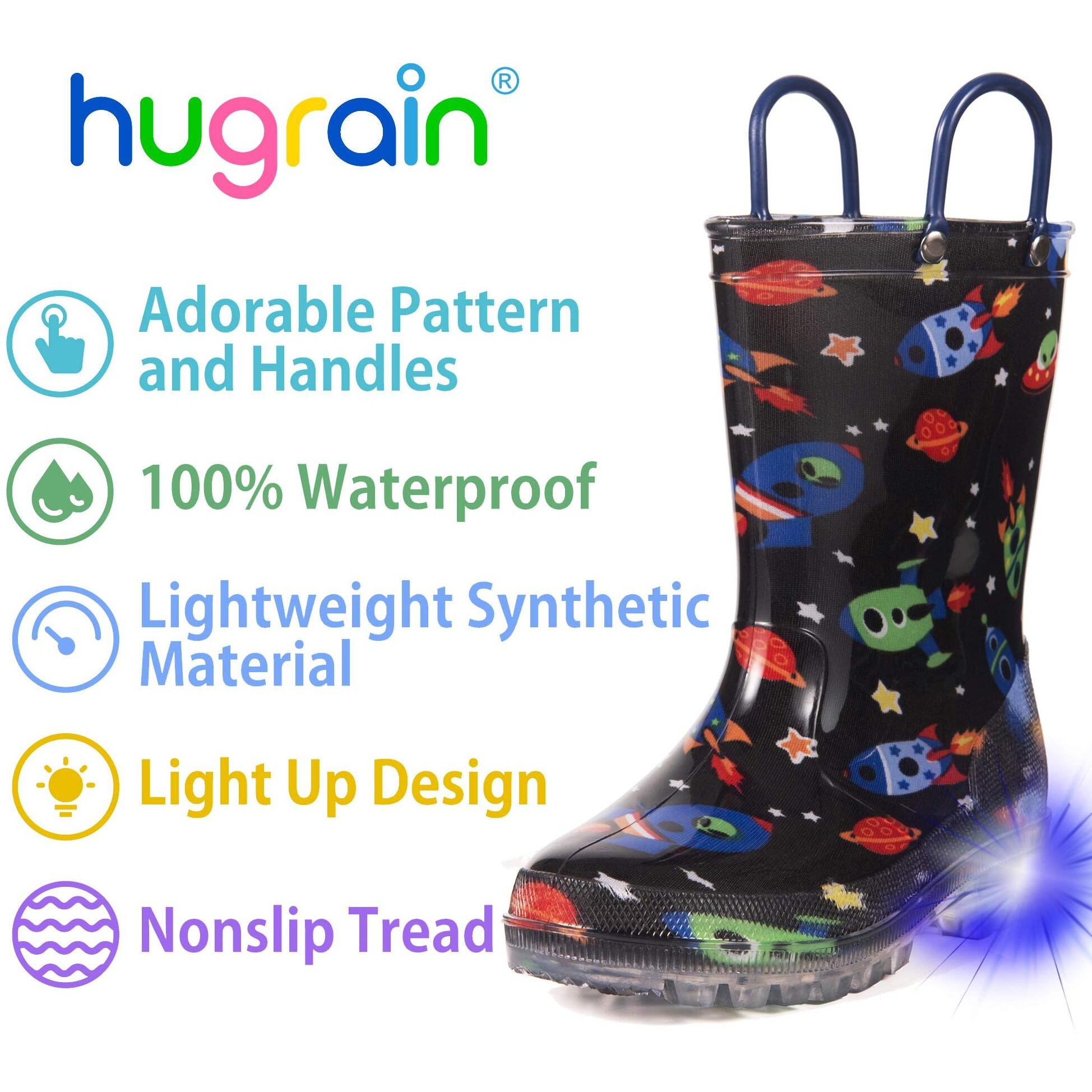 Hugrain Kids Boys Rain Boots Toddler Light Up Printed Waterproof Shoes Lightweight Adorable Cute Black Cosmos Roket Rubber With Easy-On Handles And Insole (Size 12,Black)