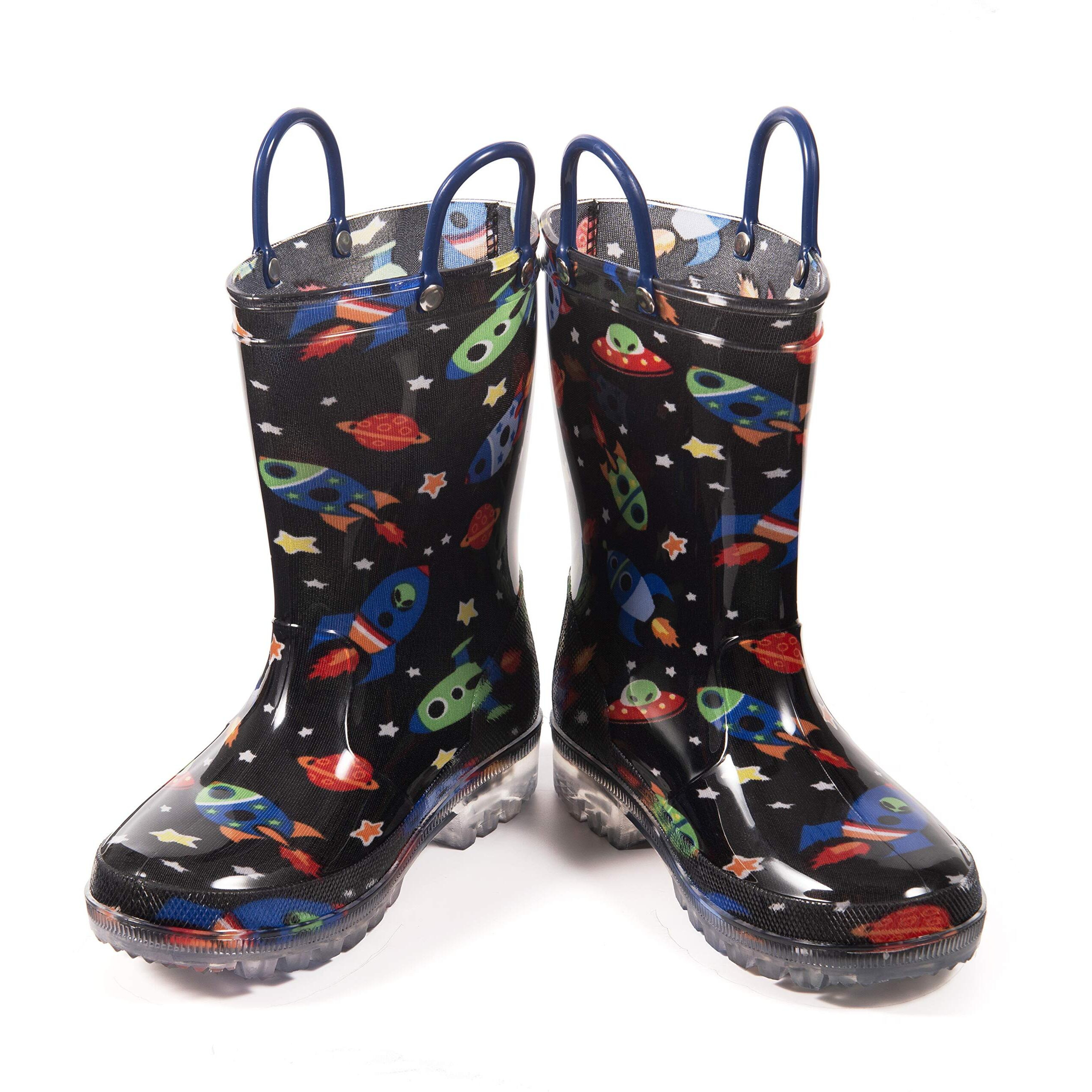 Hugrain Kids Boys Rain Boots Toddler Light Up Printed Waterproof Shoes Lightweight Adorable Cute Black Cosmos Roket Rubber With Easy-On Handles And Insole (Size 12,Black)