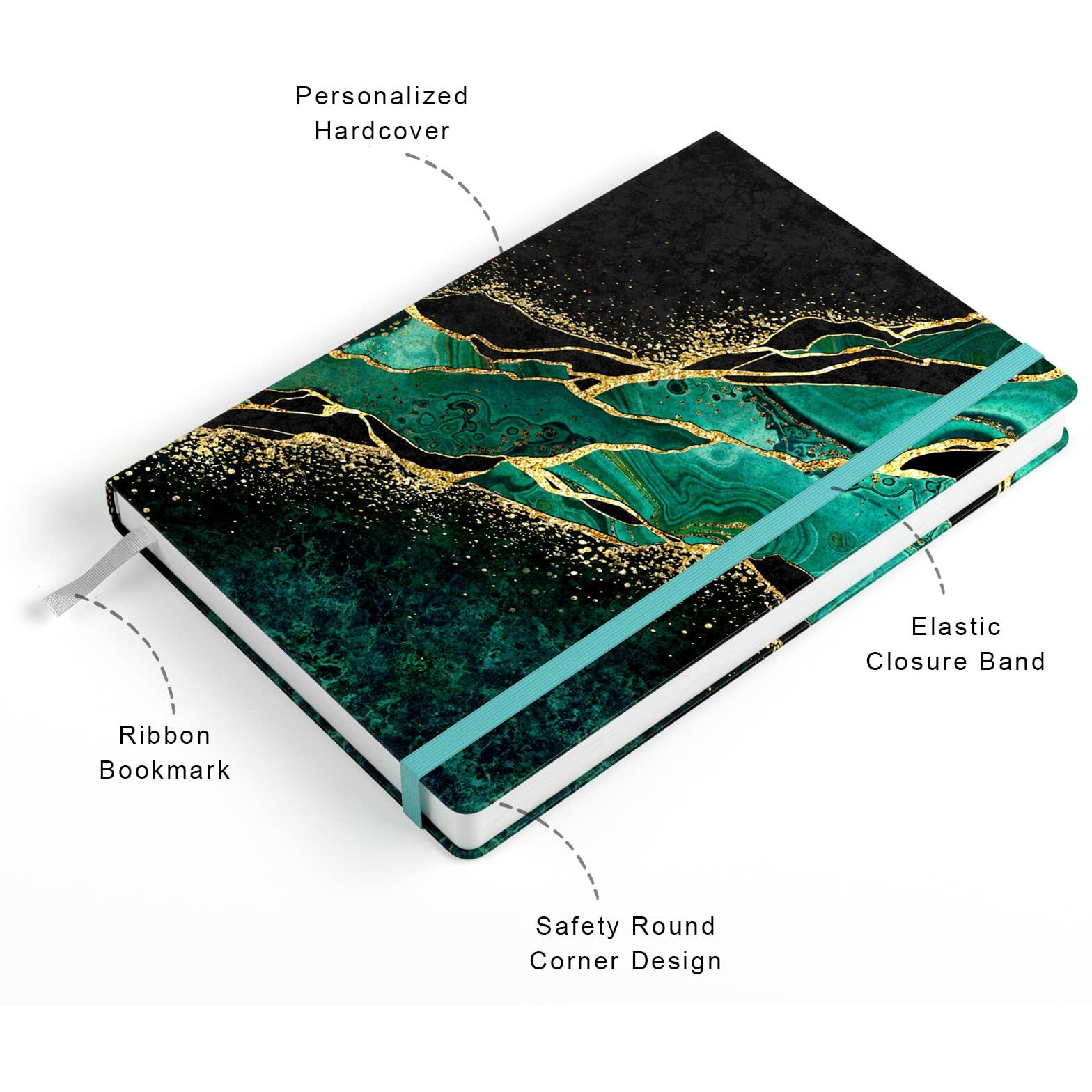Huamxe Lined Journal Notebook, Hardcover, Medium 5.7 X 8.4 In, 160 Pages Thick Paper, Cute Aesthetic A5 College Ruled Notebook For Journaling Writing Work Office School Women Men, Green Gold Marble