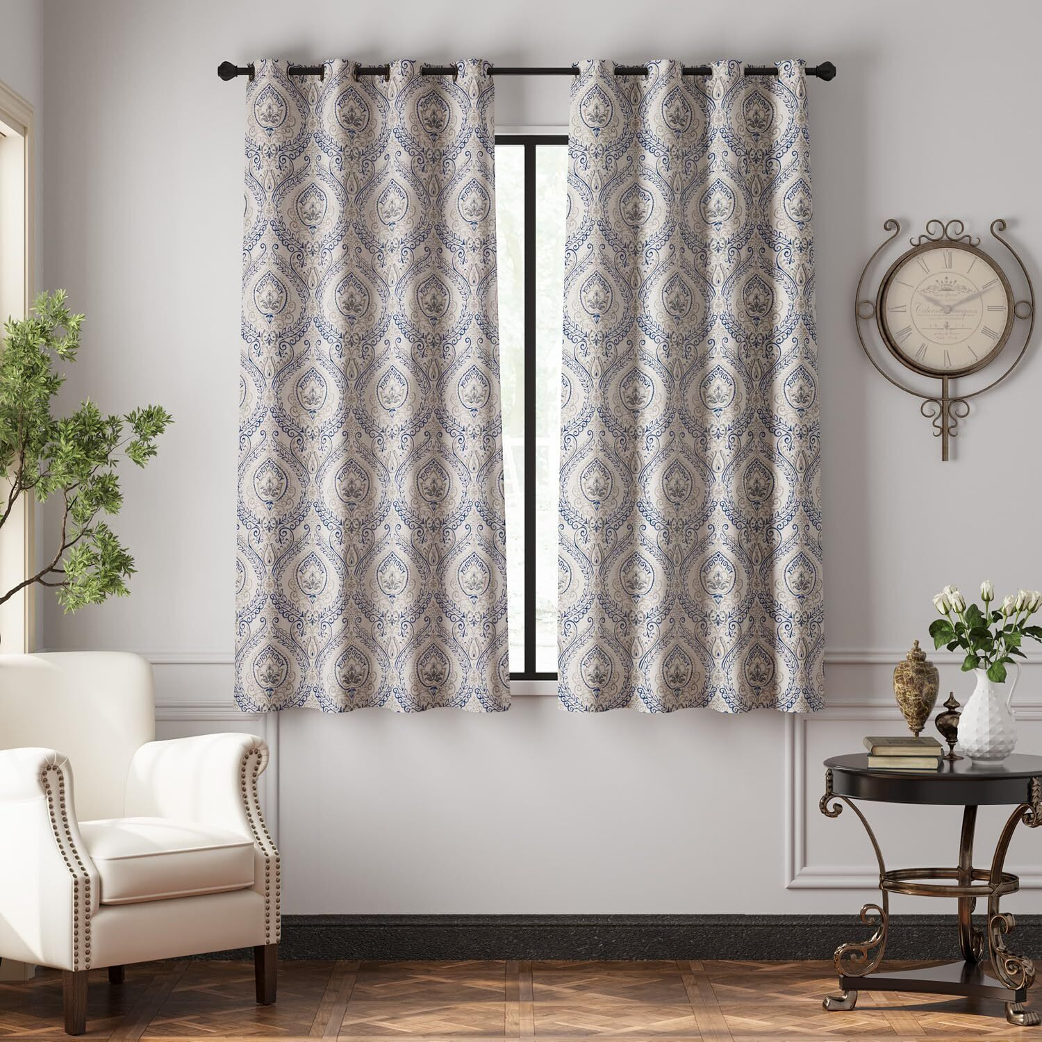 Jinchan Linen Textured Curtains For Living Room Darkening 63 Inch Length, Medallion Drapes For Bedroom, Damask Pattern Window Treatments Vintage Curtain Panels, 2 Panels Blue On Greige