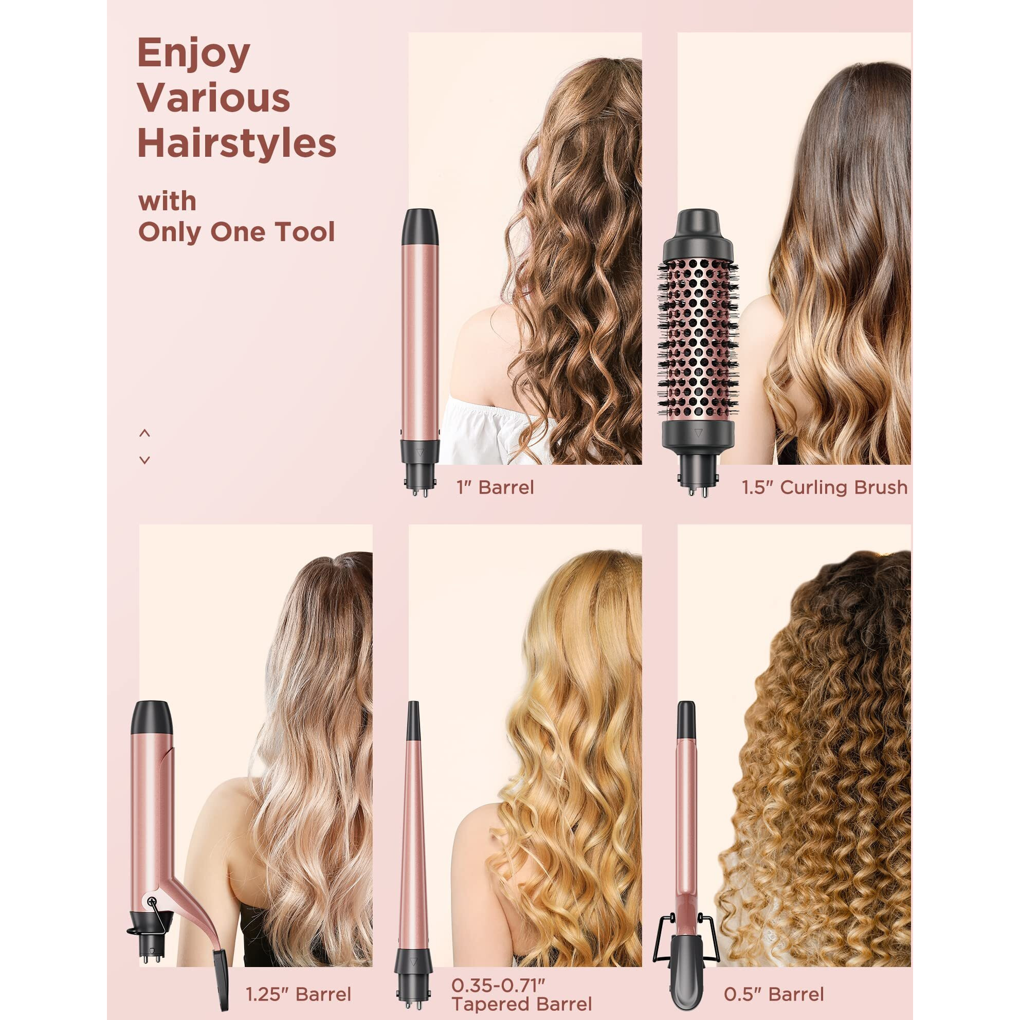 Wavytalk 5 In 1 Curling Iron Set With Curling Brush And 4 Interchangeable Ceramic Curling Wand (0.35"-1.25), Instant Heat Up, Dual Voltage Hair Curler