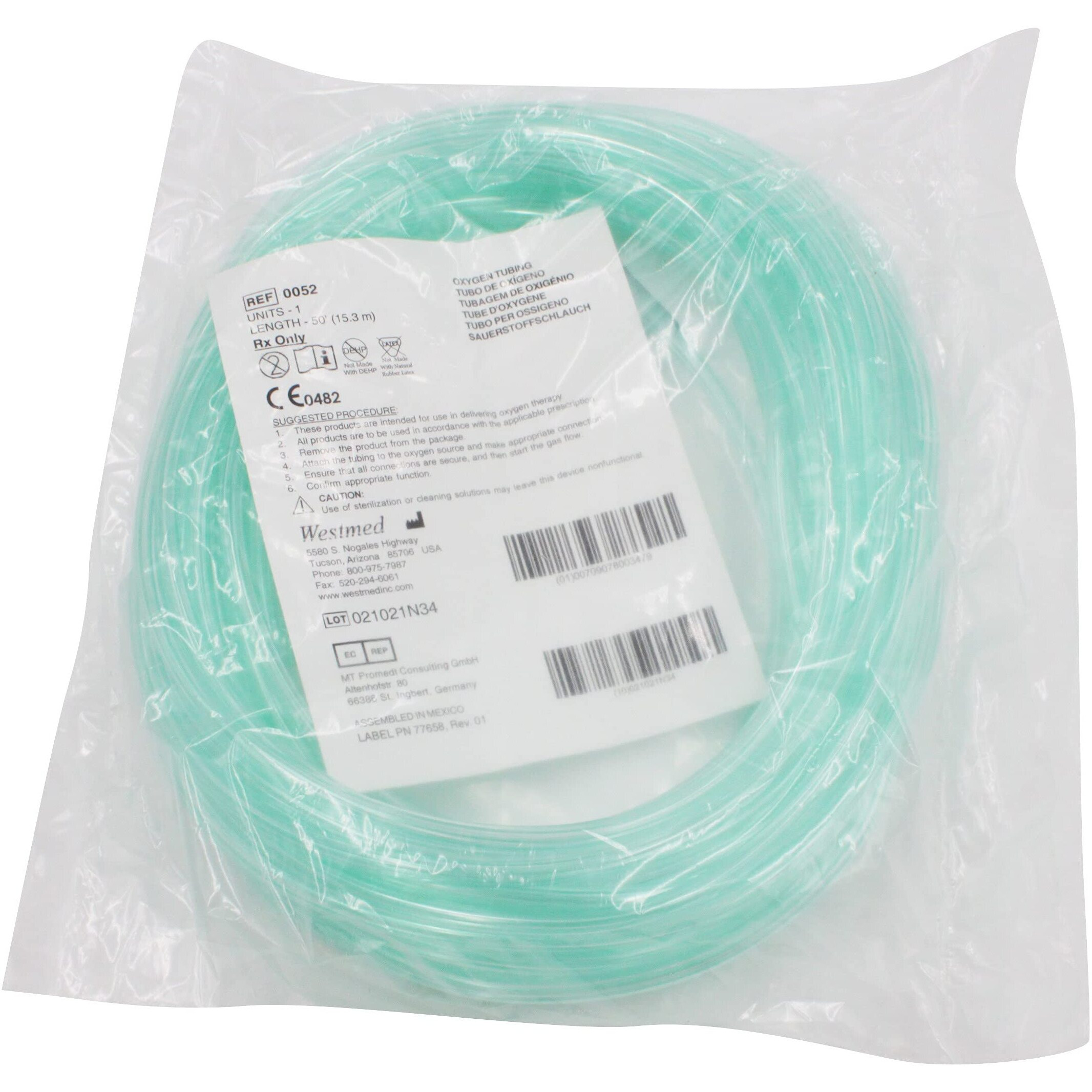 Westmed 0052 50' Green Kink Resistant Oxygen Supply Tubing - Pack Of 1