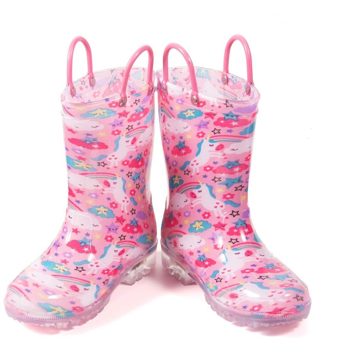 Hugrain Toddler Girls Boys Rain Boots Baby Kids Light Up Printed Waterproof Shoes Rubber Garden Puddle Boots Lightweight Adorable Cute Pink Unicorn Easy-On Handles And Insole (Size 7,Pink)