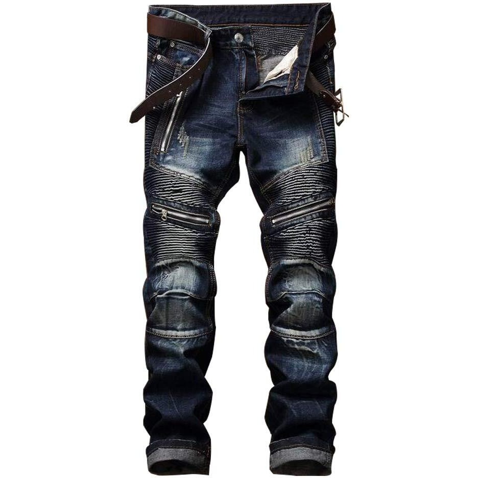 Aititia Mens Biker Zipper Deco Washed Straight Fit Jeans (40W X 32L, Dark Blue)