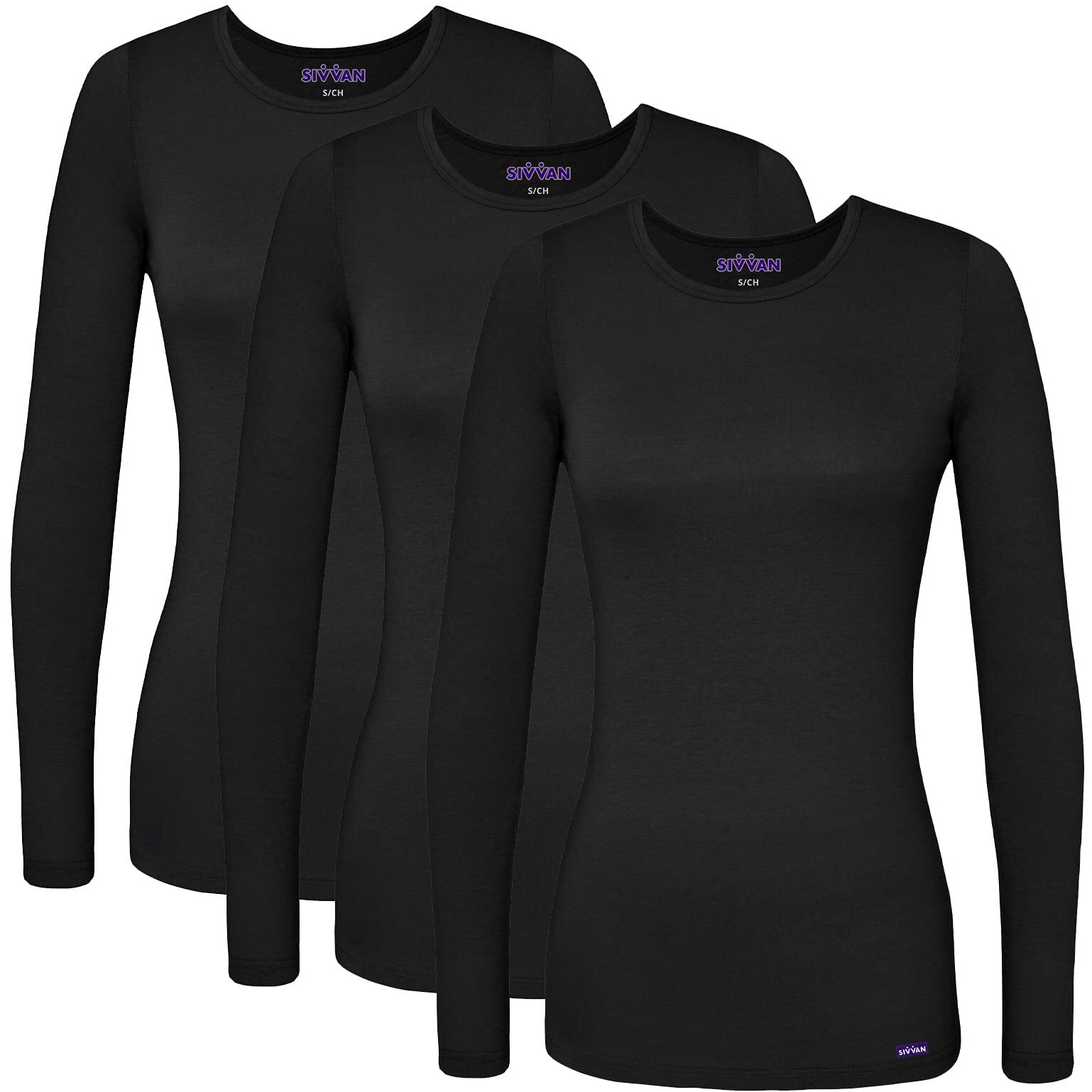 Sivvan Scrubs For Women - Long Sleeve Comfort Underscrub Tee 3-Pack - S85003 - Black - Xs